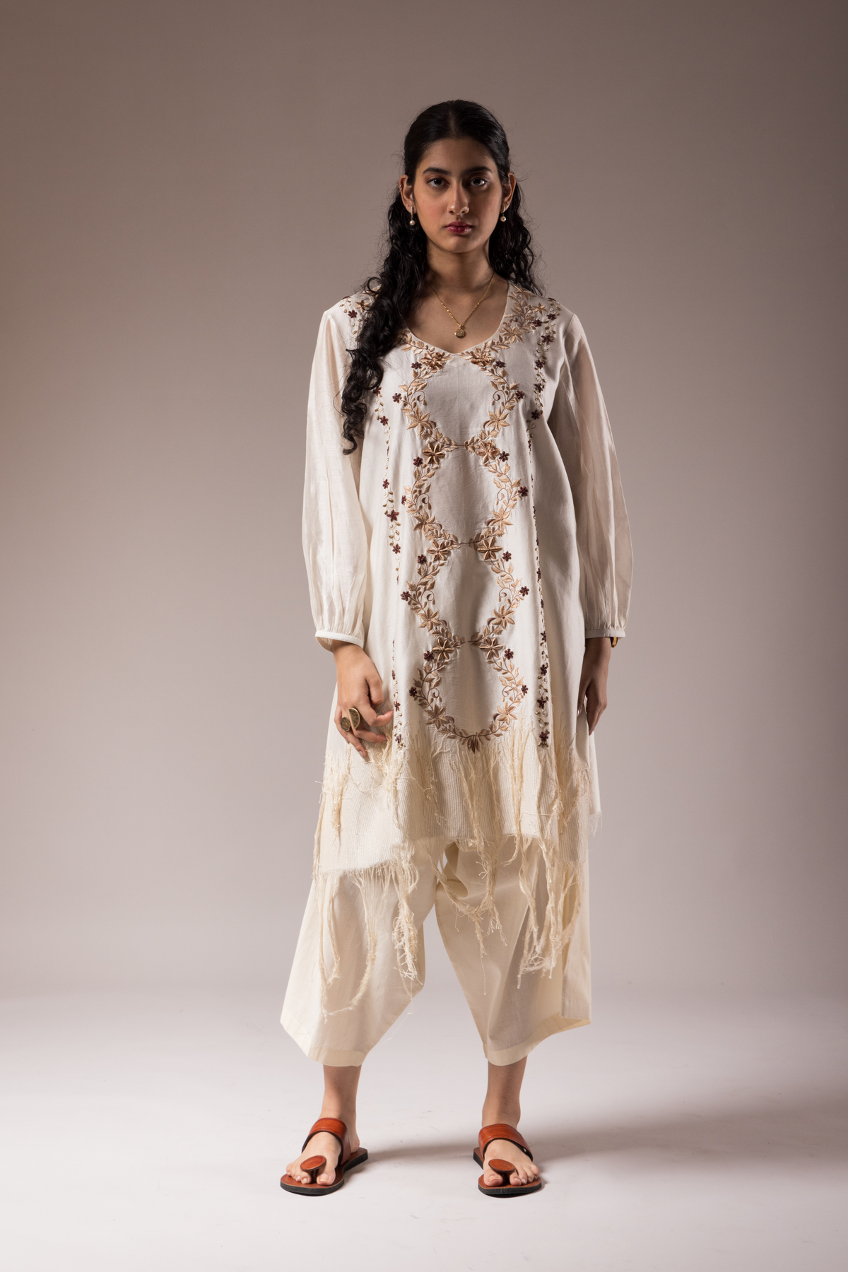 Ivory Dress With Bottom Dhagai