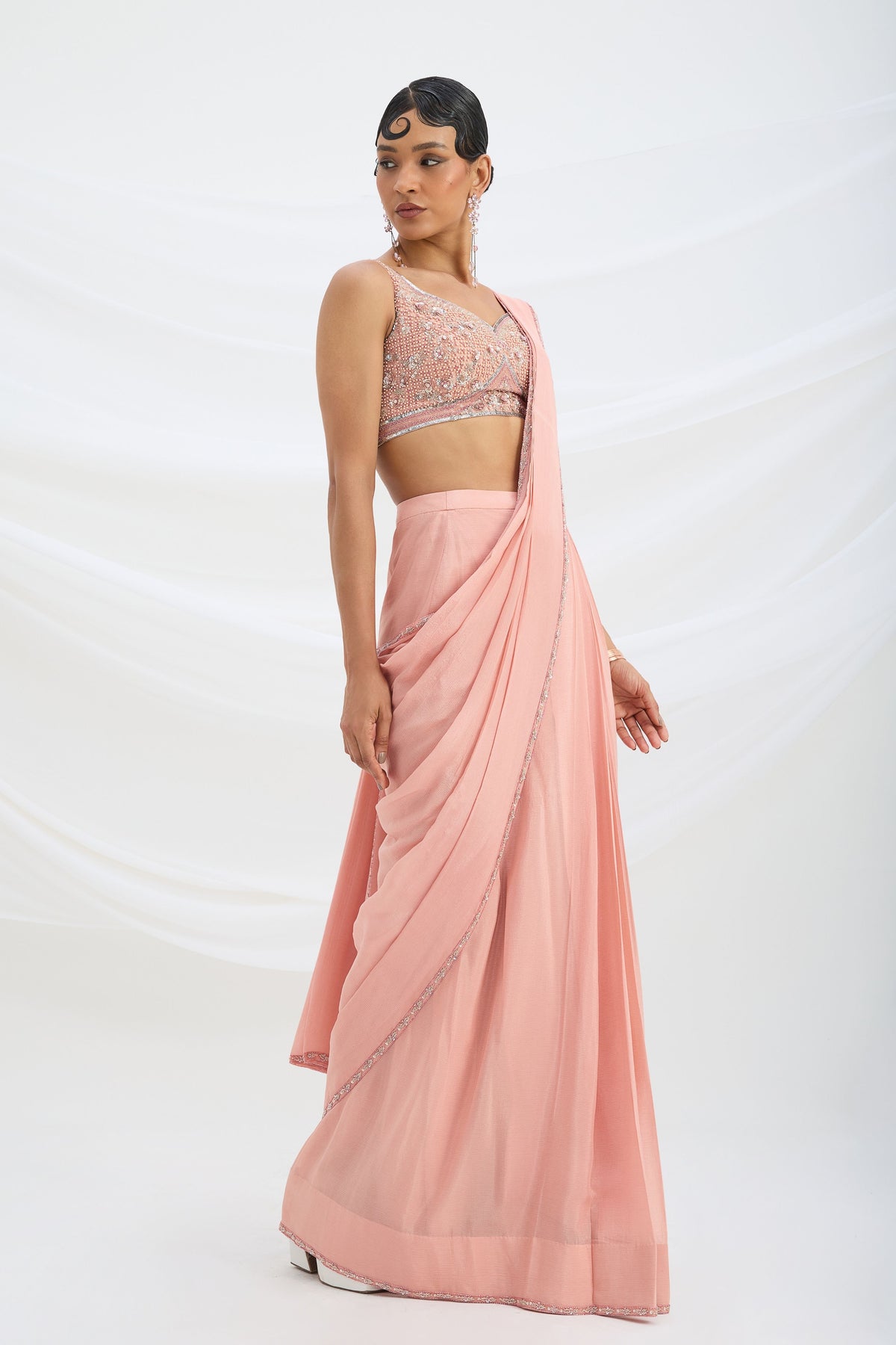 Peach Pink Drape Saree Set