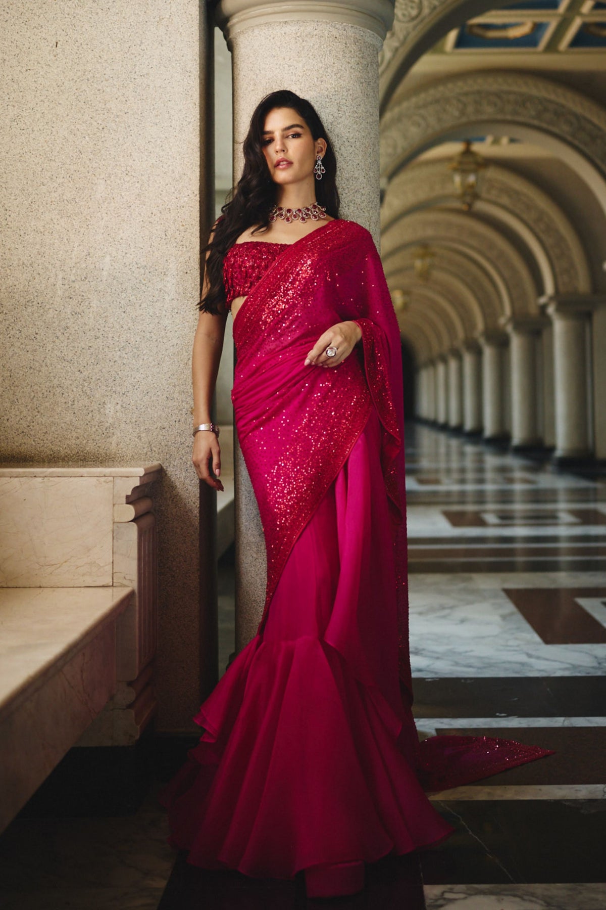 Red On Red Draped Saree Set