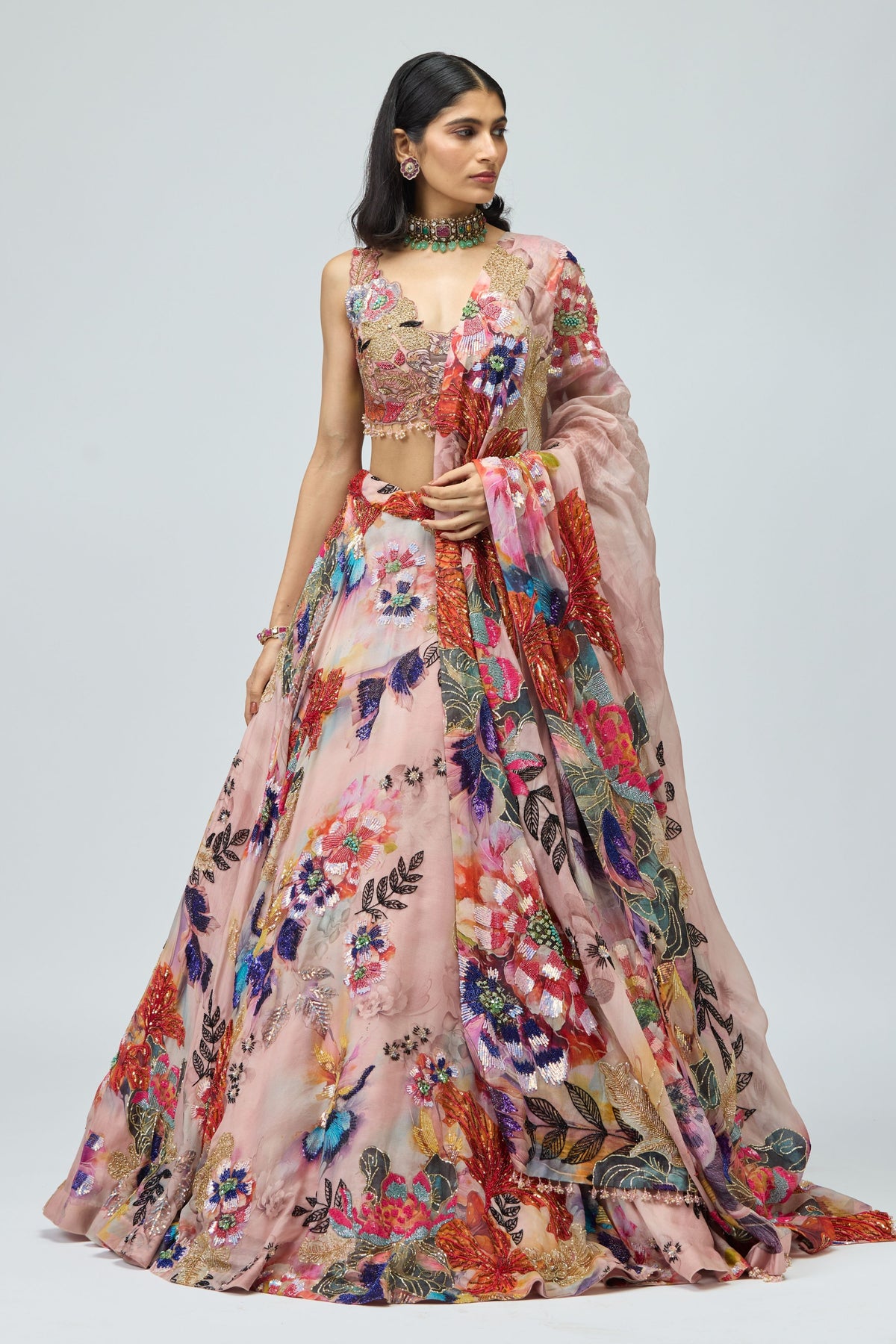 Organza Multicoloured Lehenga Set