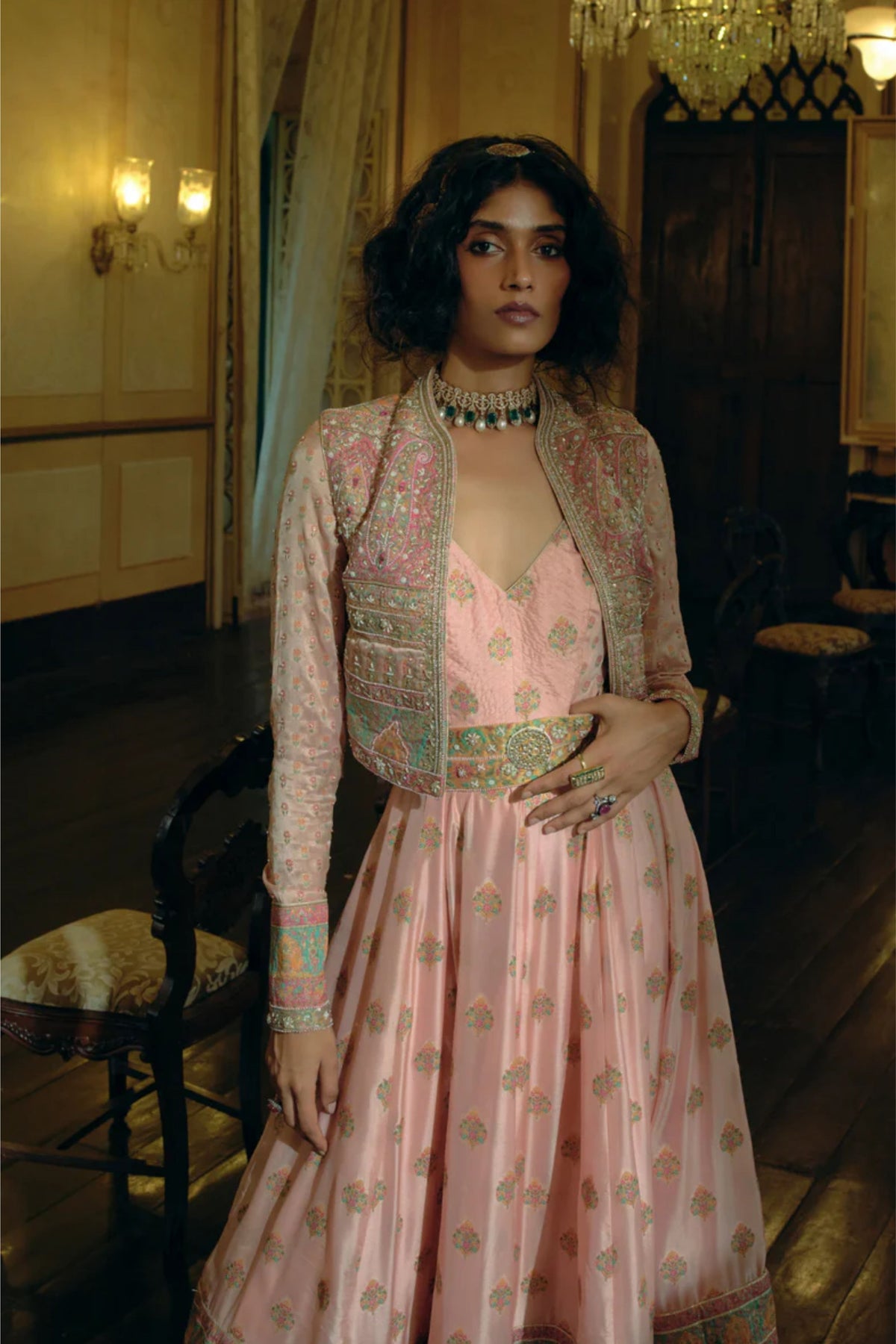 Pink Jacquard Cropped Jacket Set