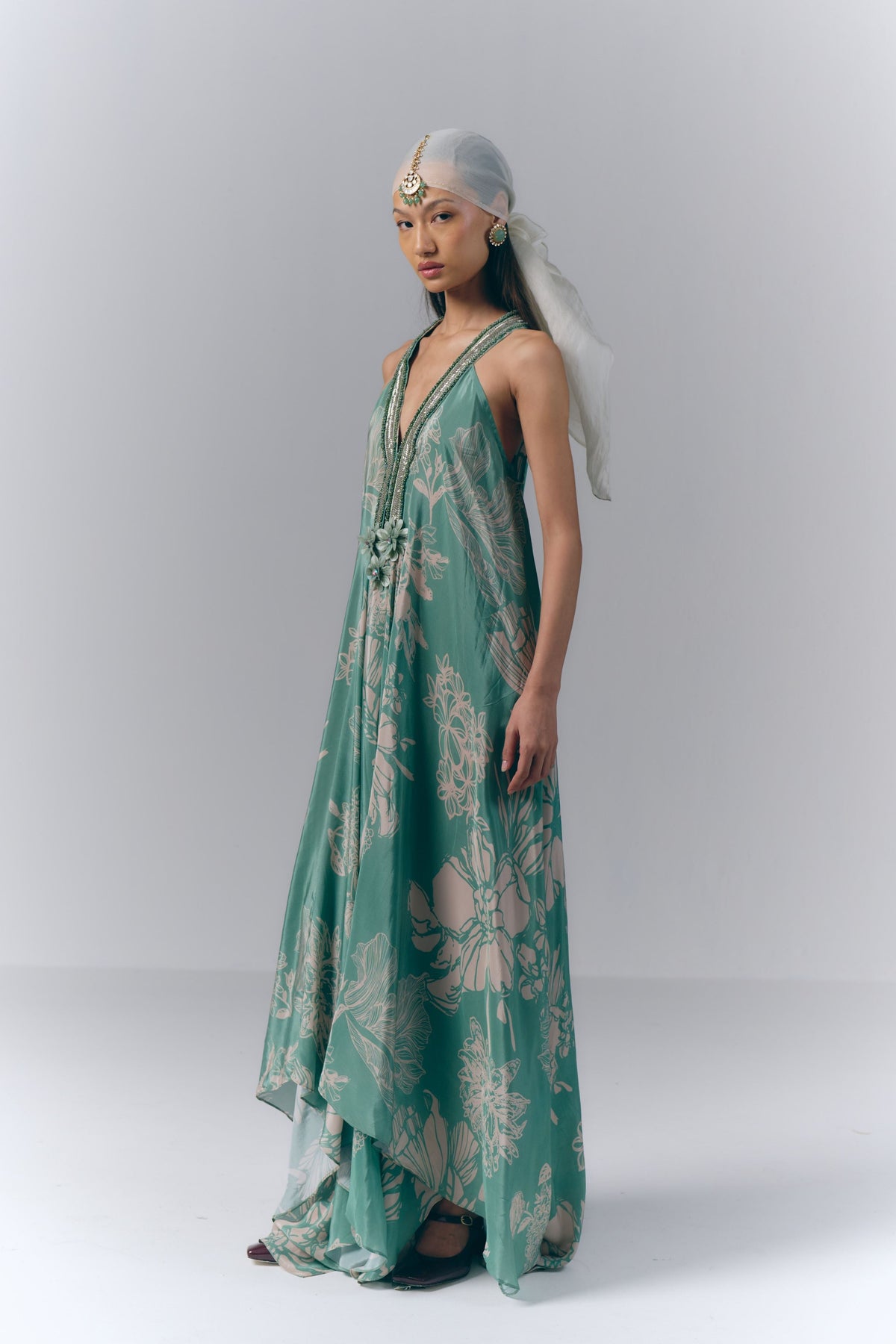 Aqua Whisper Printed Long Dress