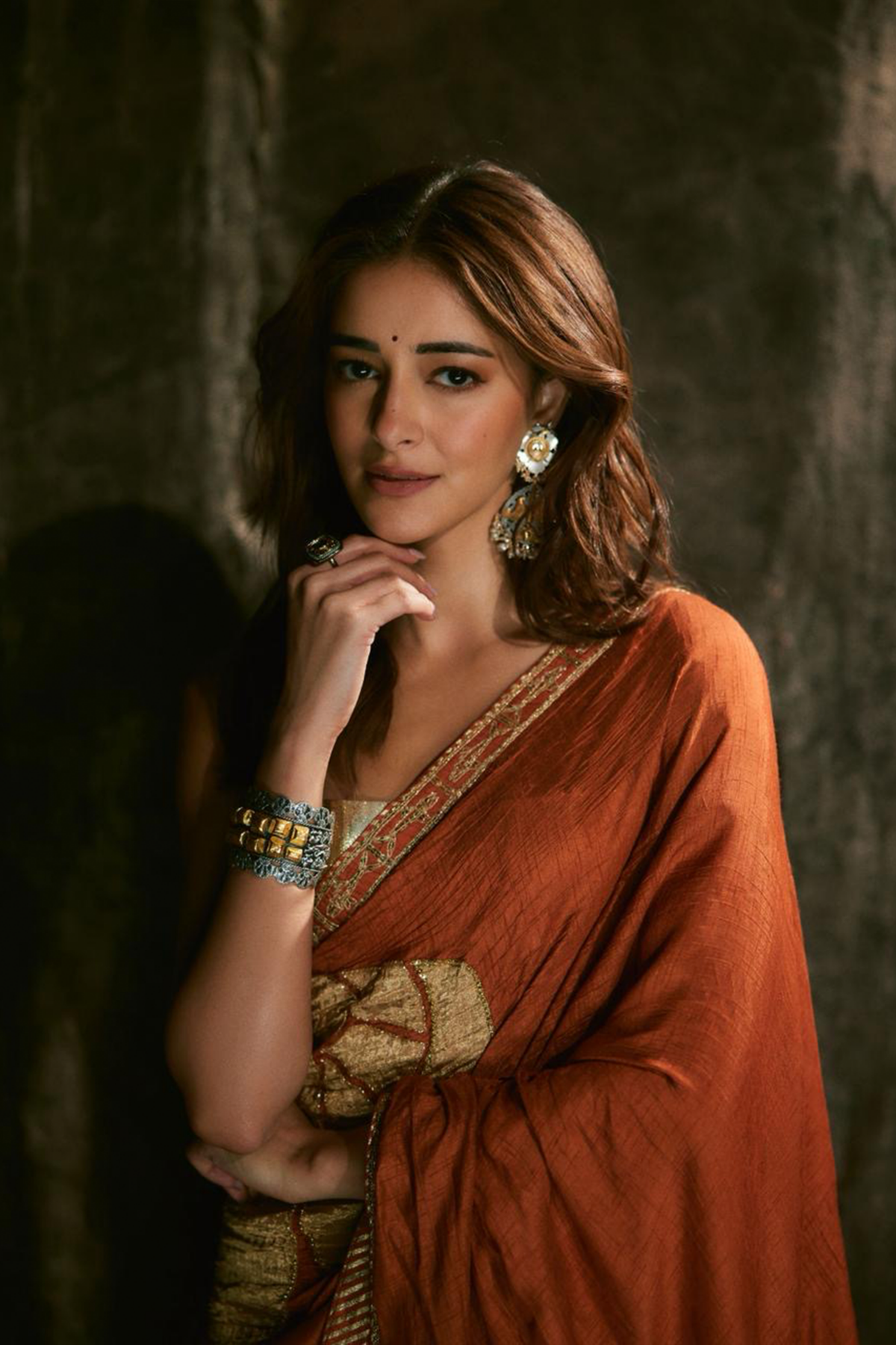 Ananya Panday in Rust Windrose Crushed Saree