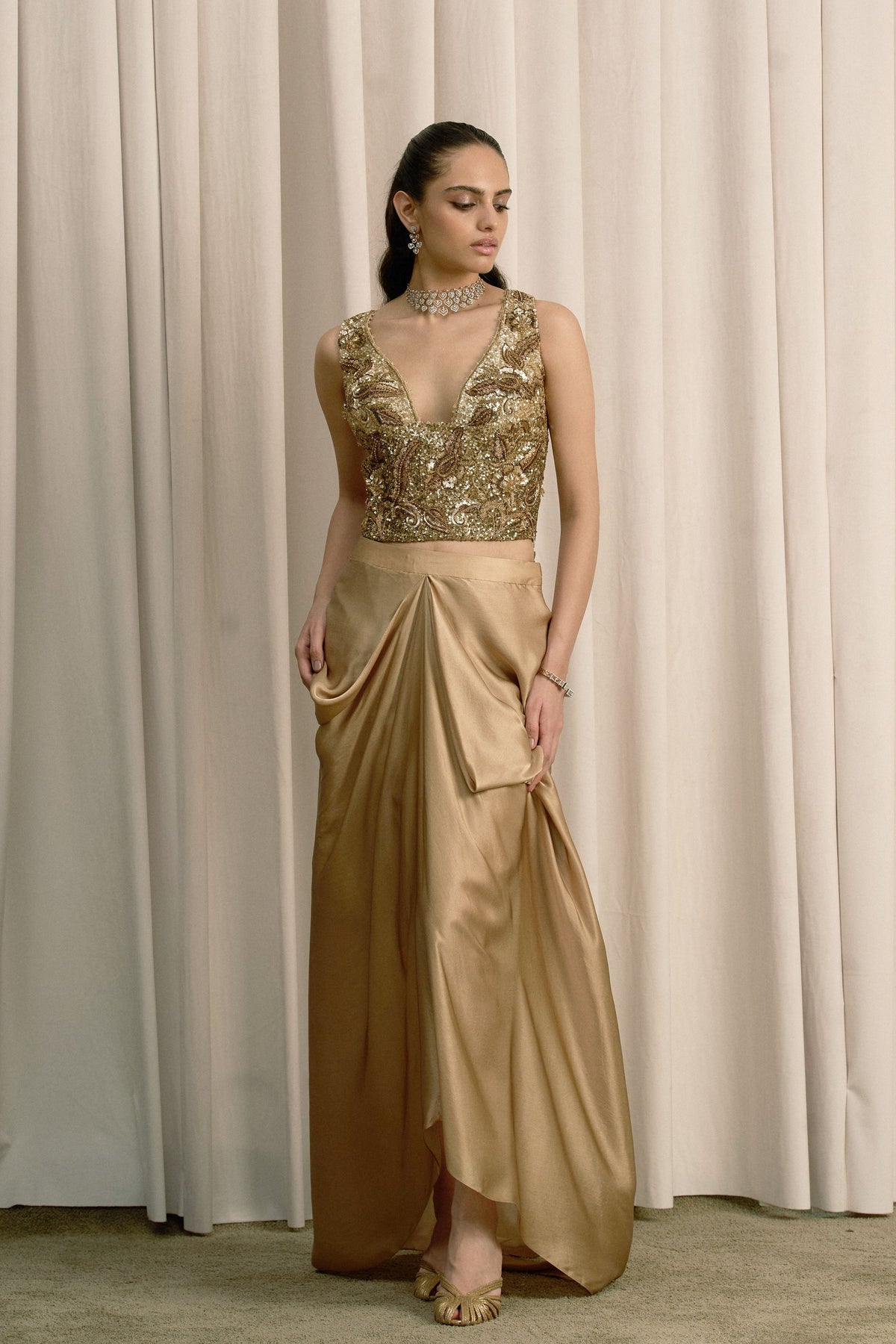 Beige Embroidered Pick-Up Skirt Set