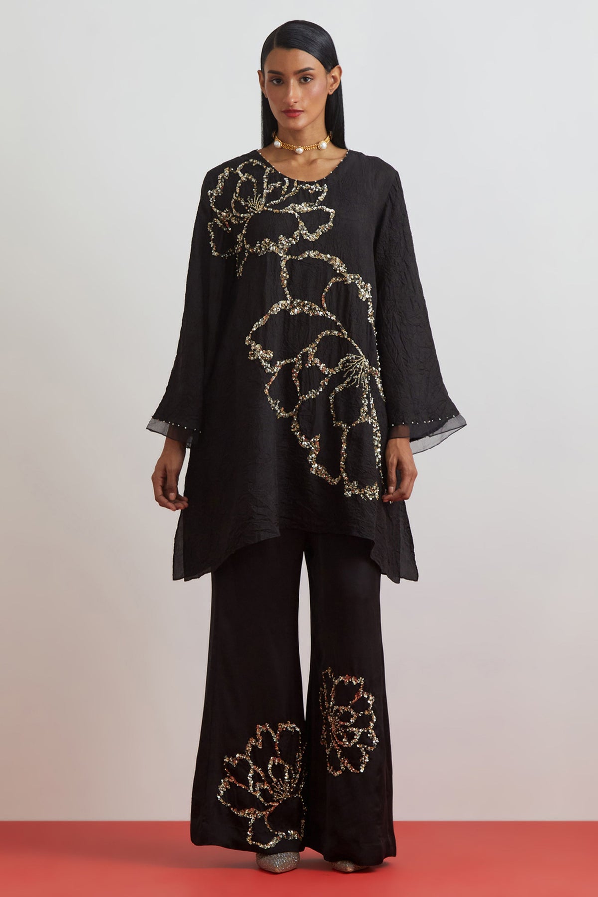 Black Crushed Tunic Set
