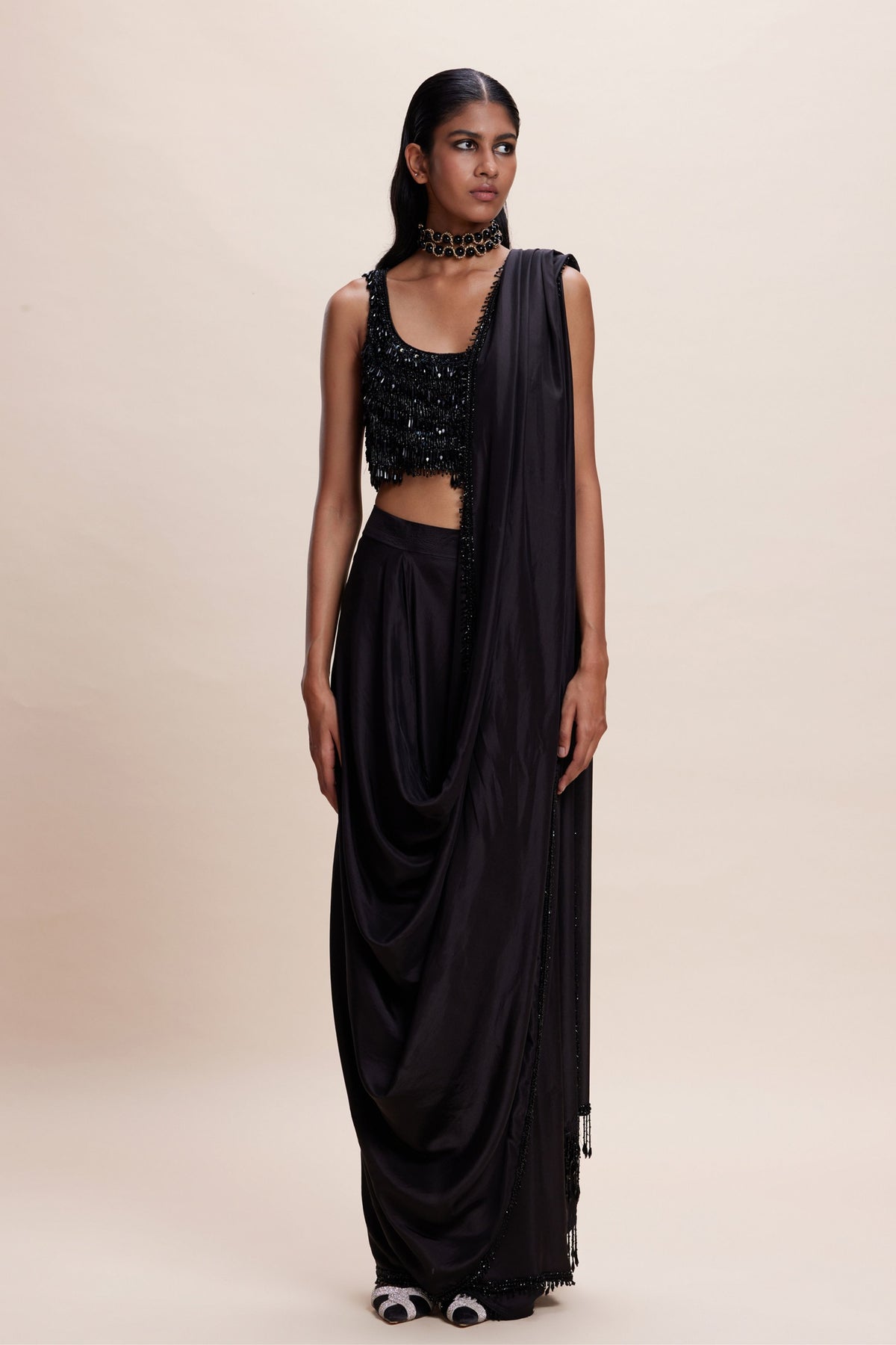Black Embellished Draped Saree Set