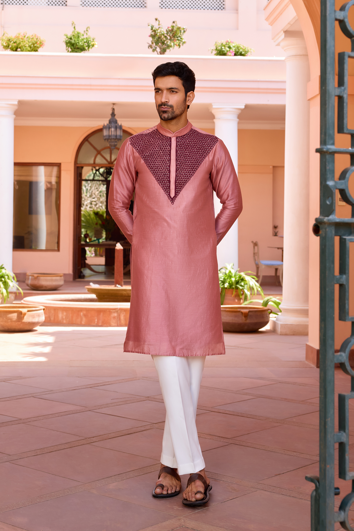 Cameo  pink  dori and hand embroidered kurta