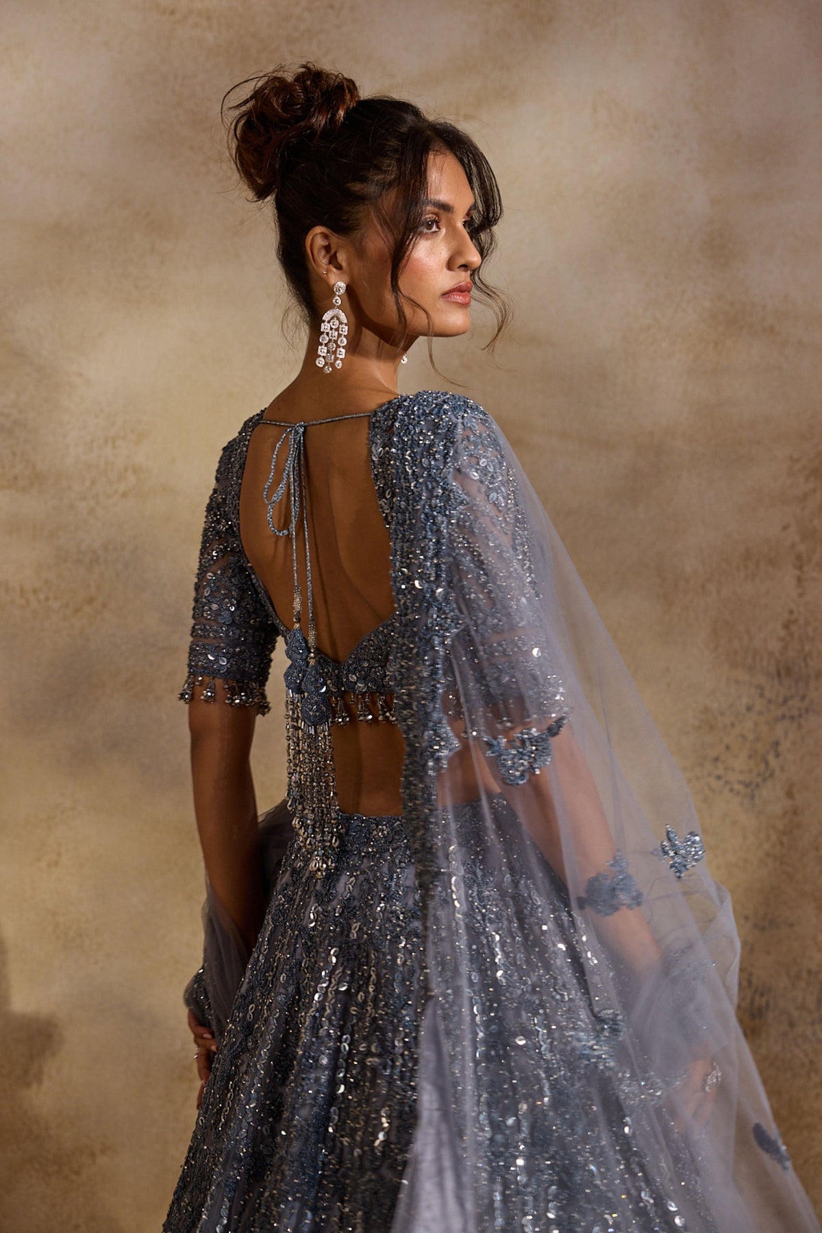 Stone Grey Net Lehenga Set