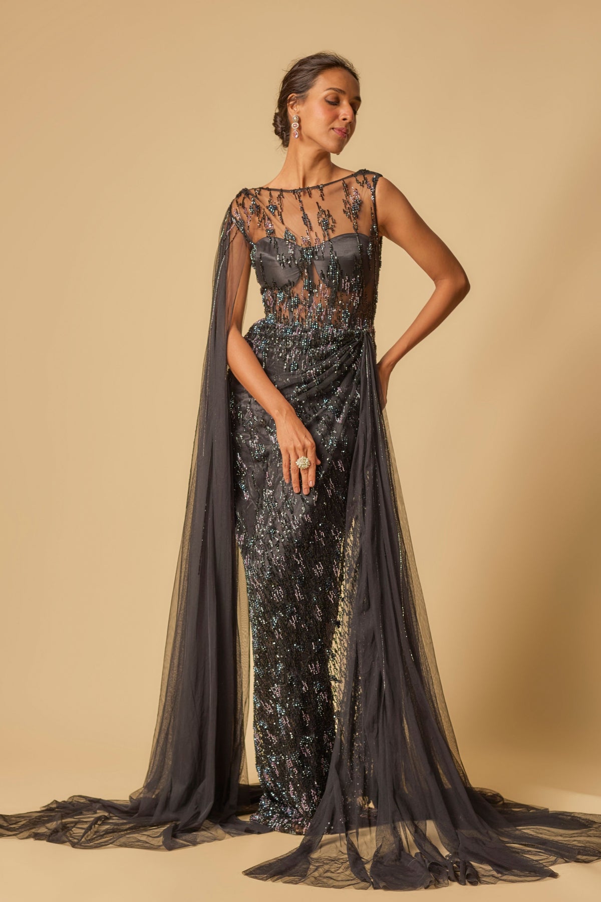 Black Embroidered Drape Gown
