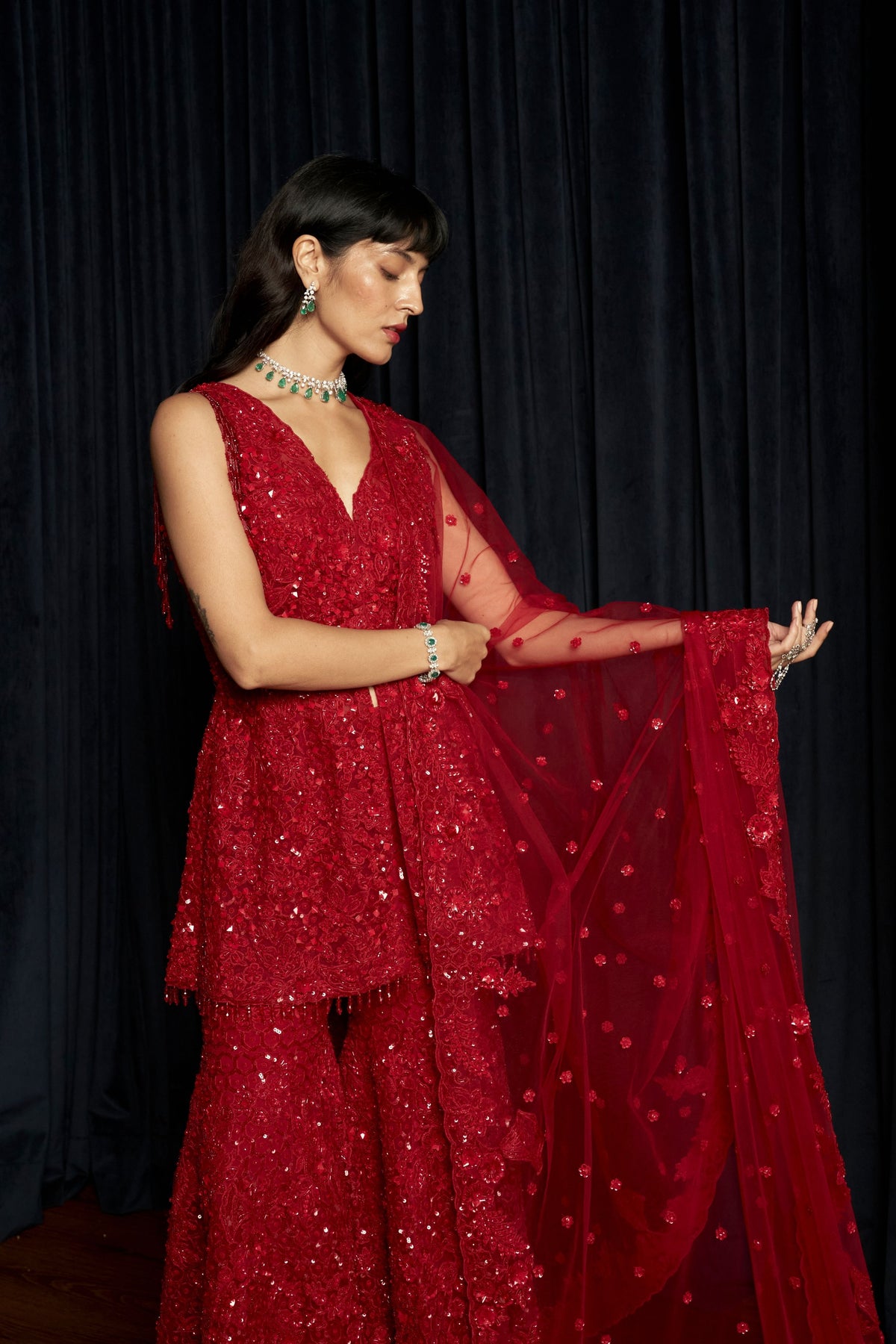 Red Embroidery Sharara Set