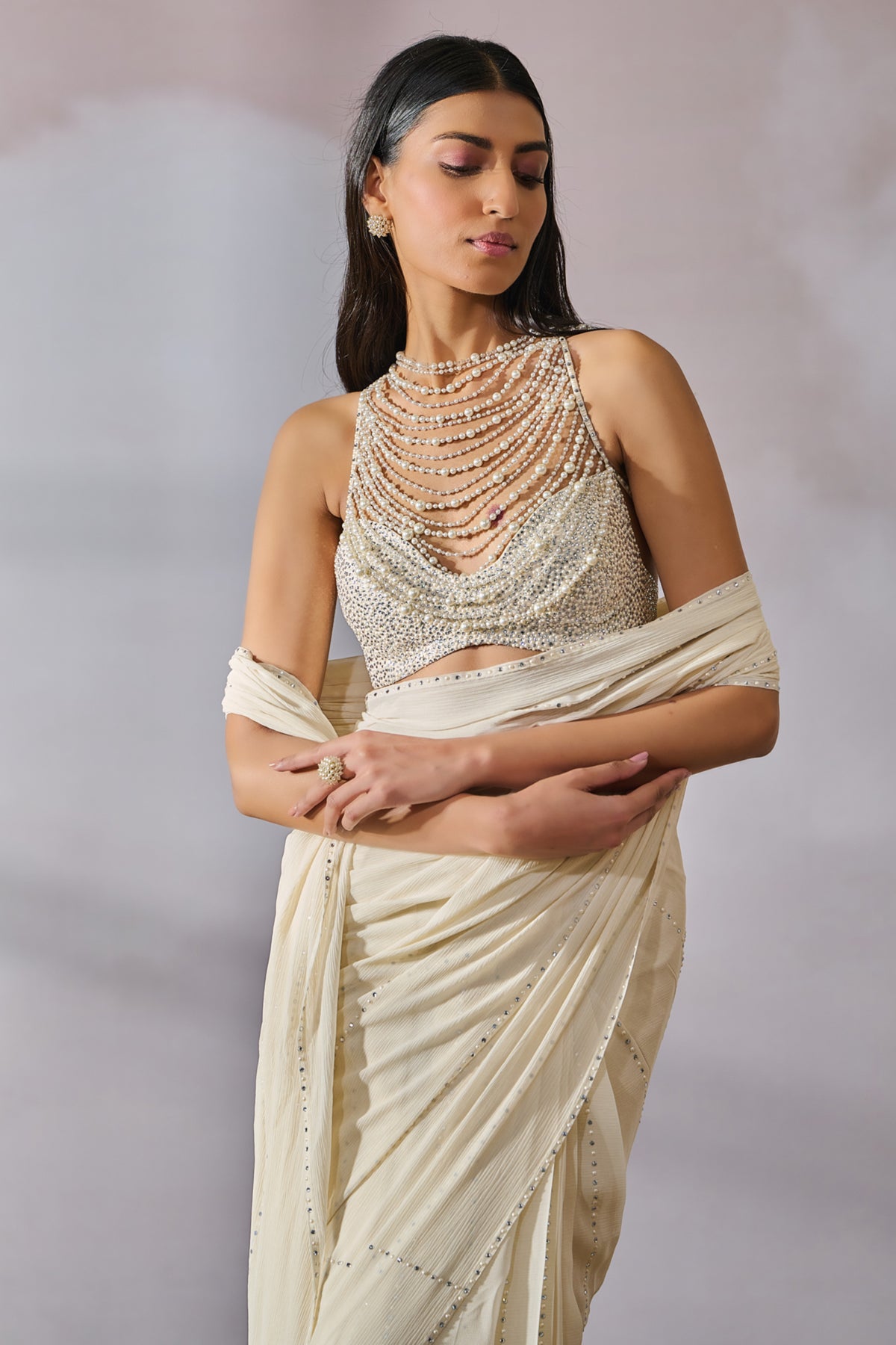Crystal Encrusted Draped Saree With Blouse