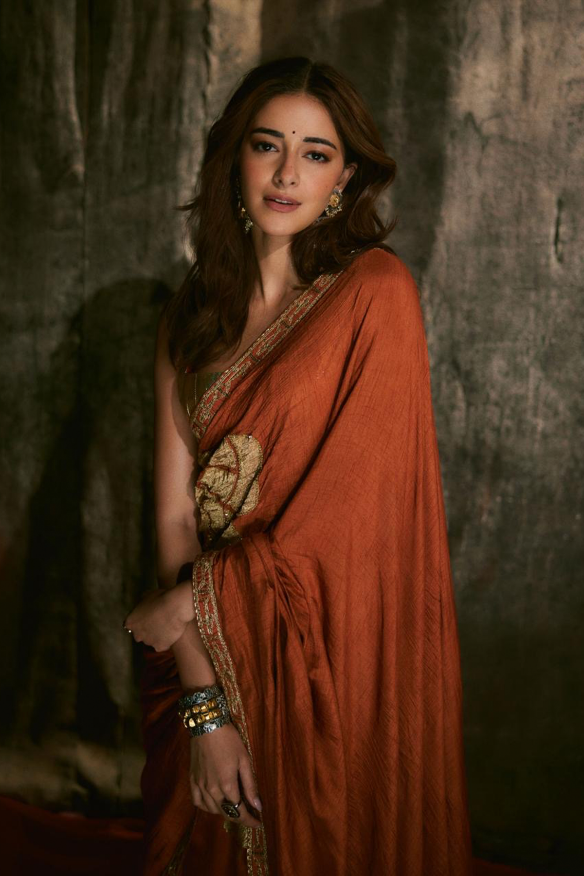 Ananya Panday in Rust Windrose Crushed Saree