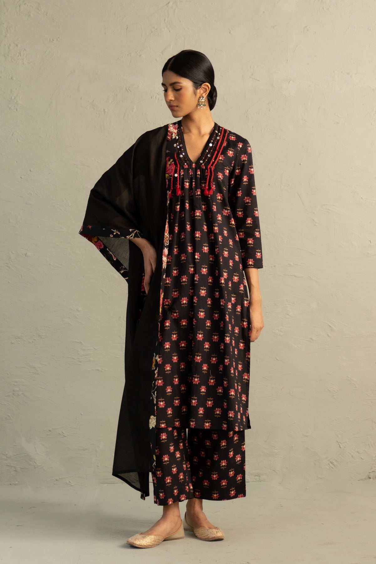 Black V-Neck Kurta Set