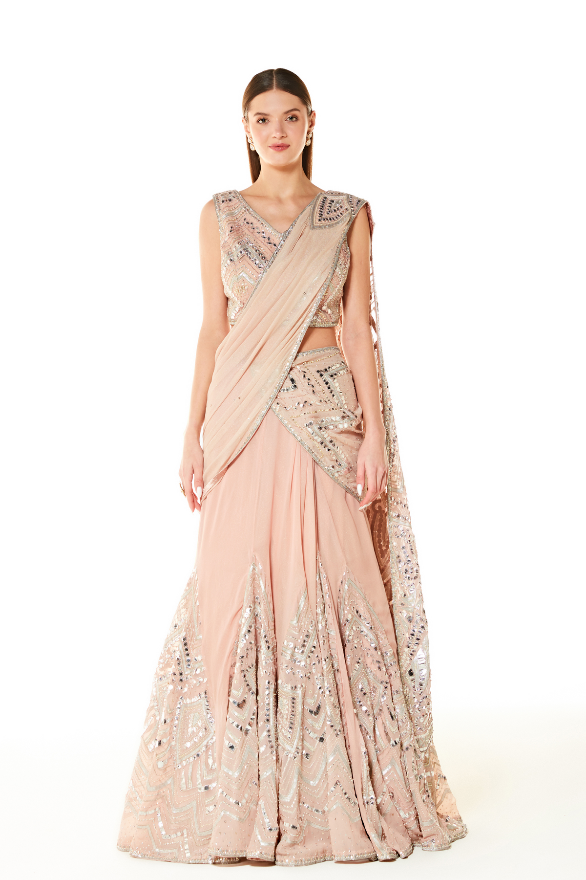 Peach Adha Embroidered Lehenga Saree Set