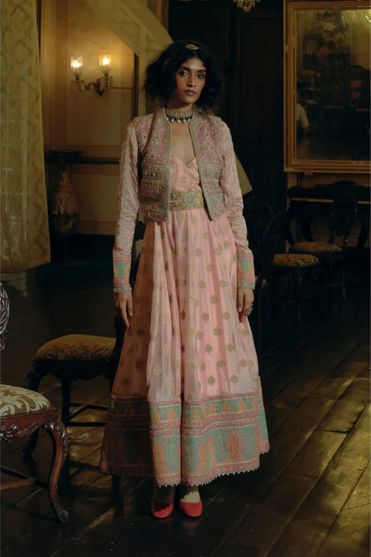 Pink Jacquard Cropped Jacket Set