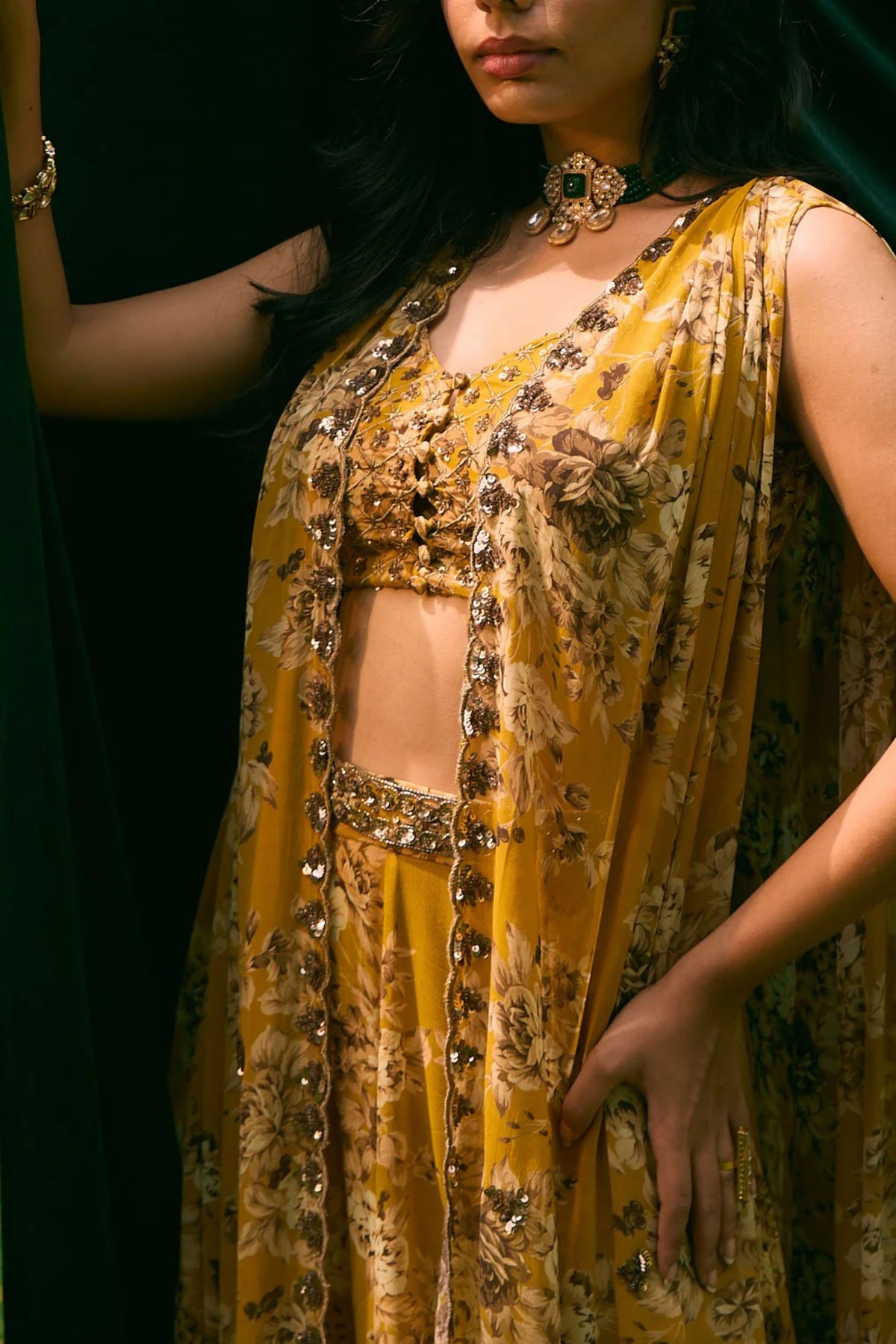 Mustard Floral Cape Set