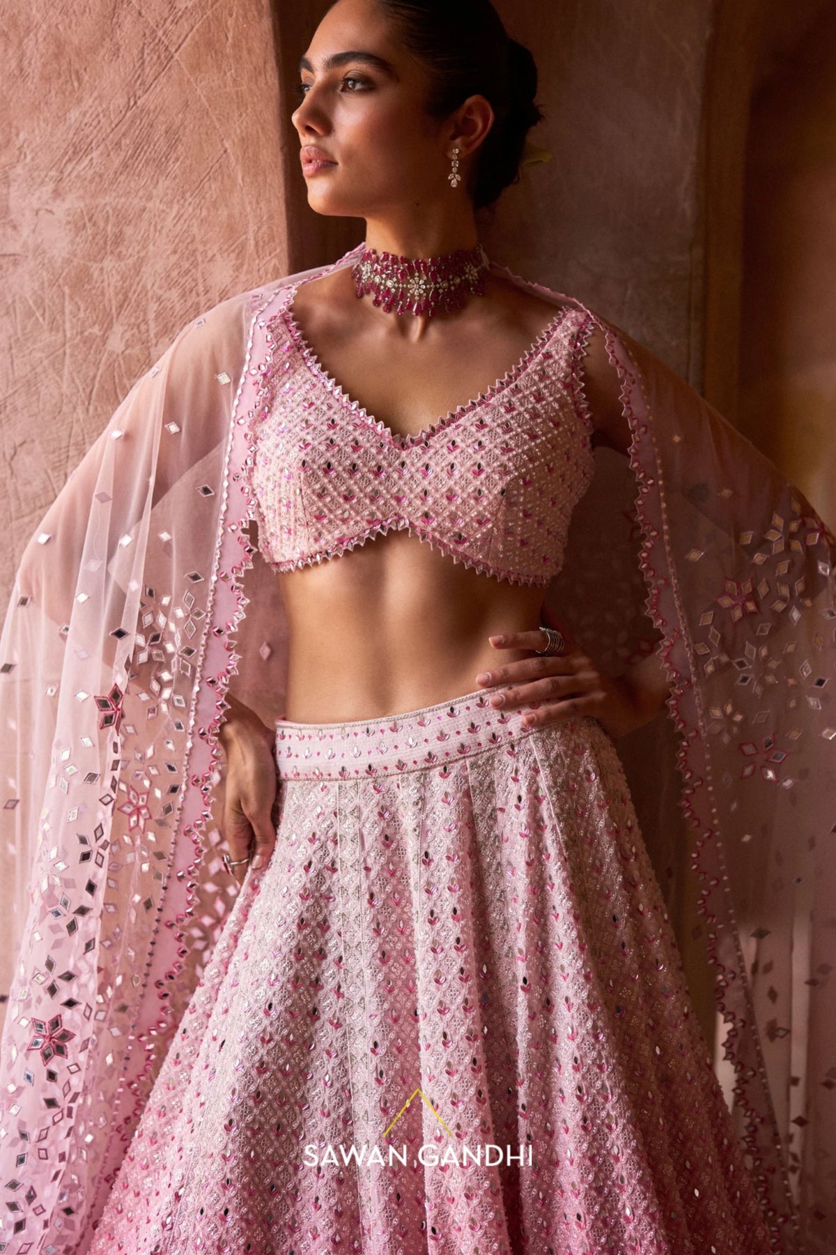 Pink Ombré Mirrorwork Lehenga Set