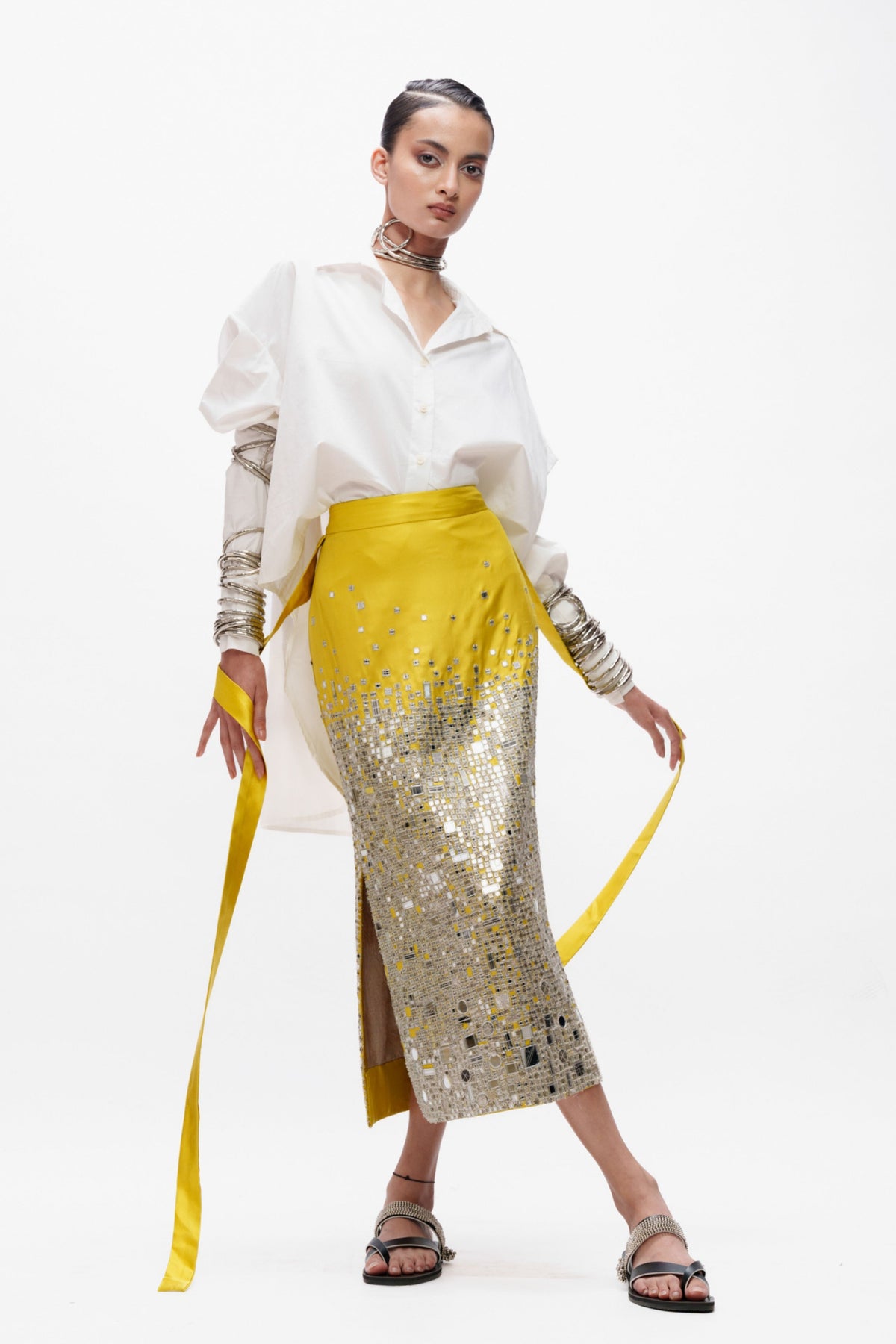 Mustard Mirrorwork Skirt