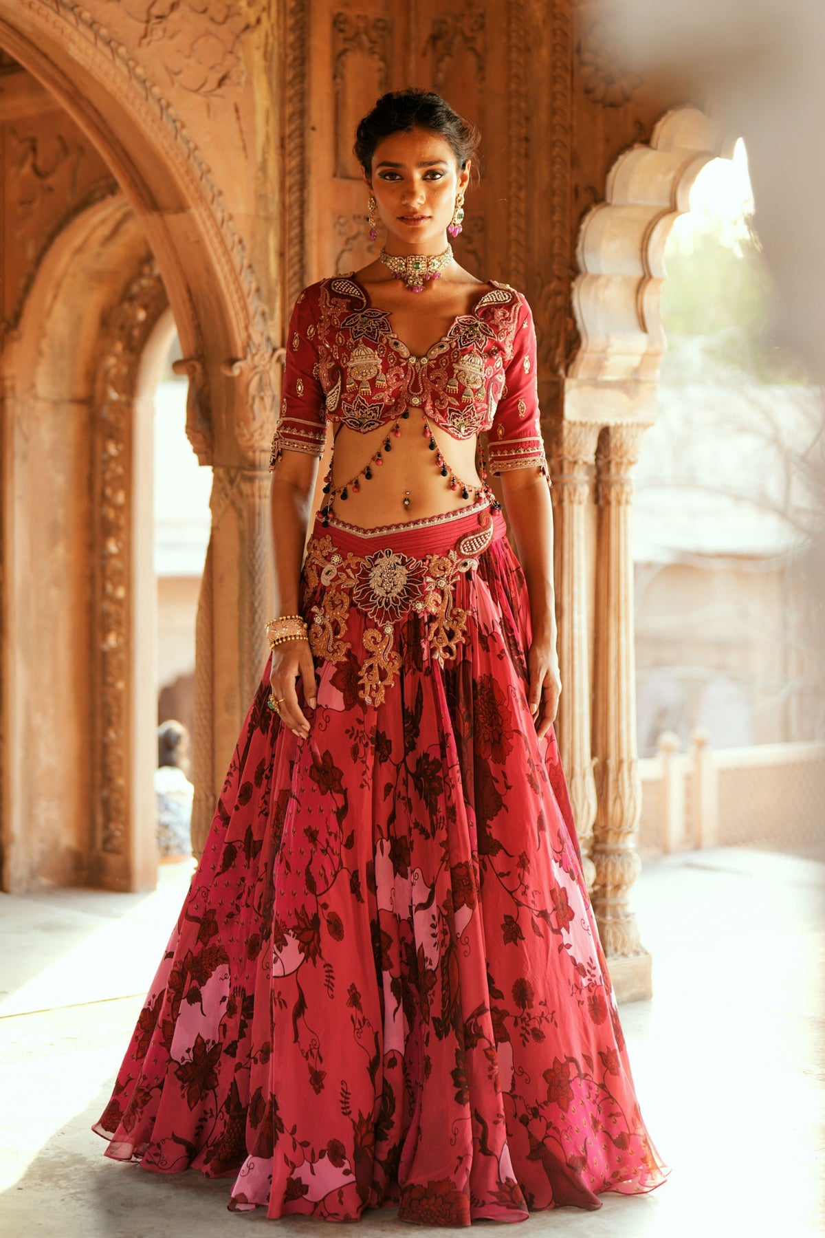 Pink Floral Organza Lehenga Set
