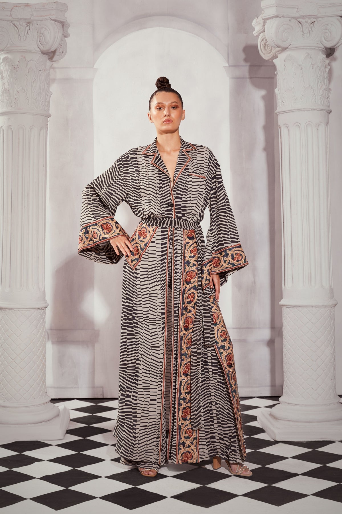 Byzantine Print Slit Dress With Embroidery