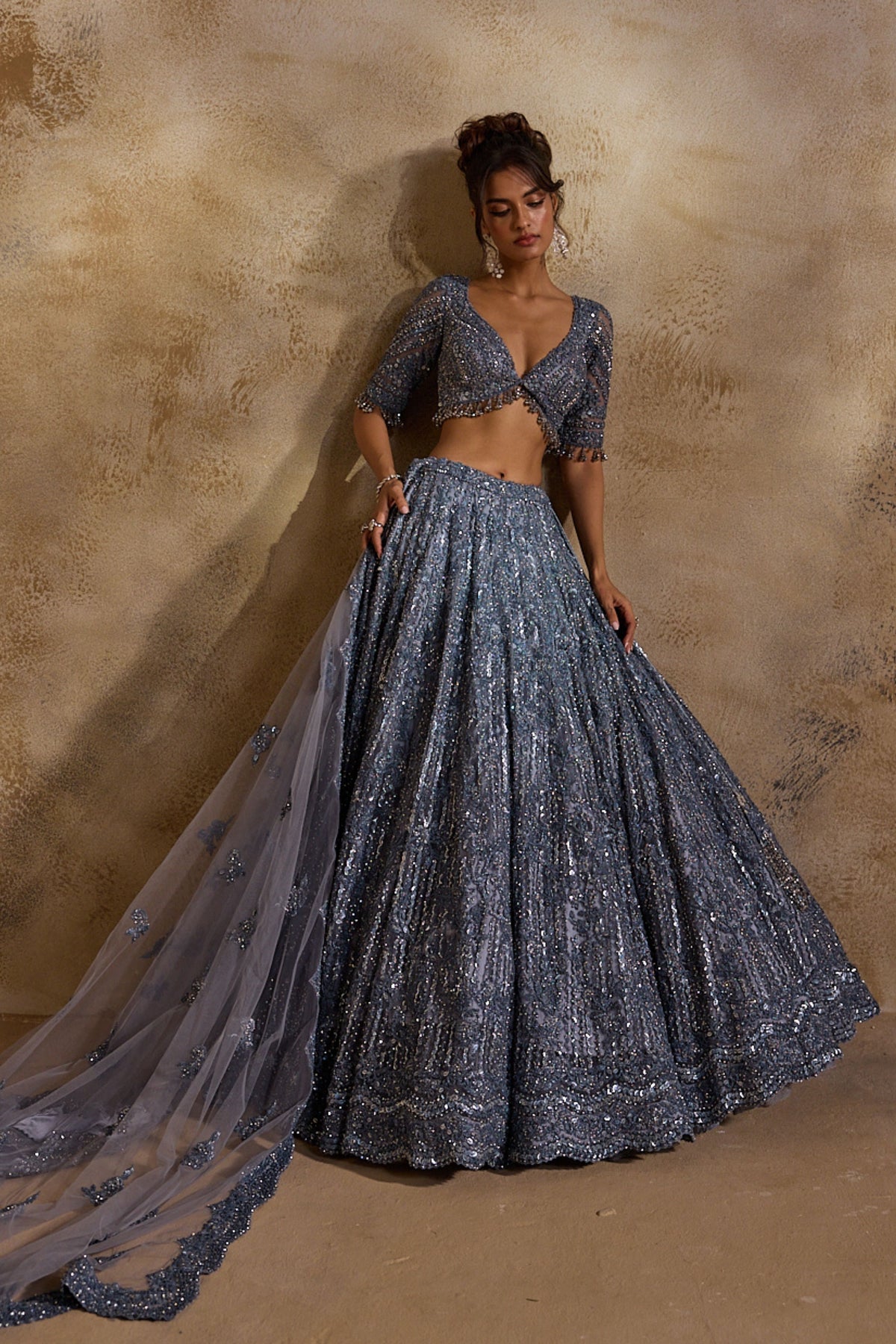 Stone Grey Net Lehenga Set