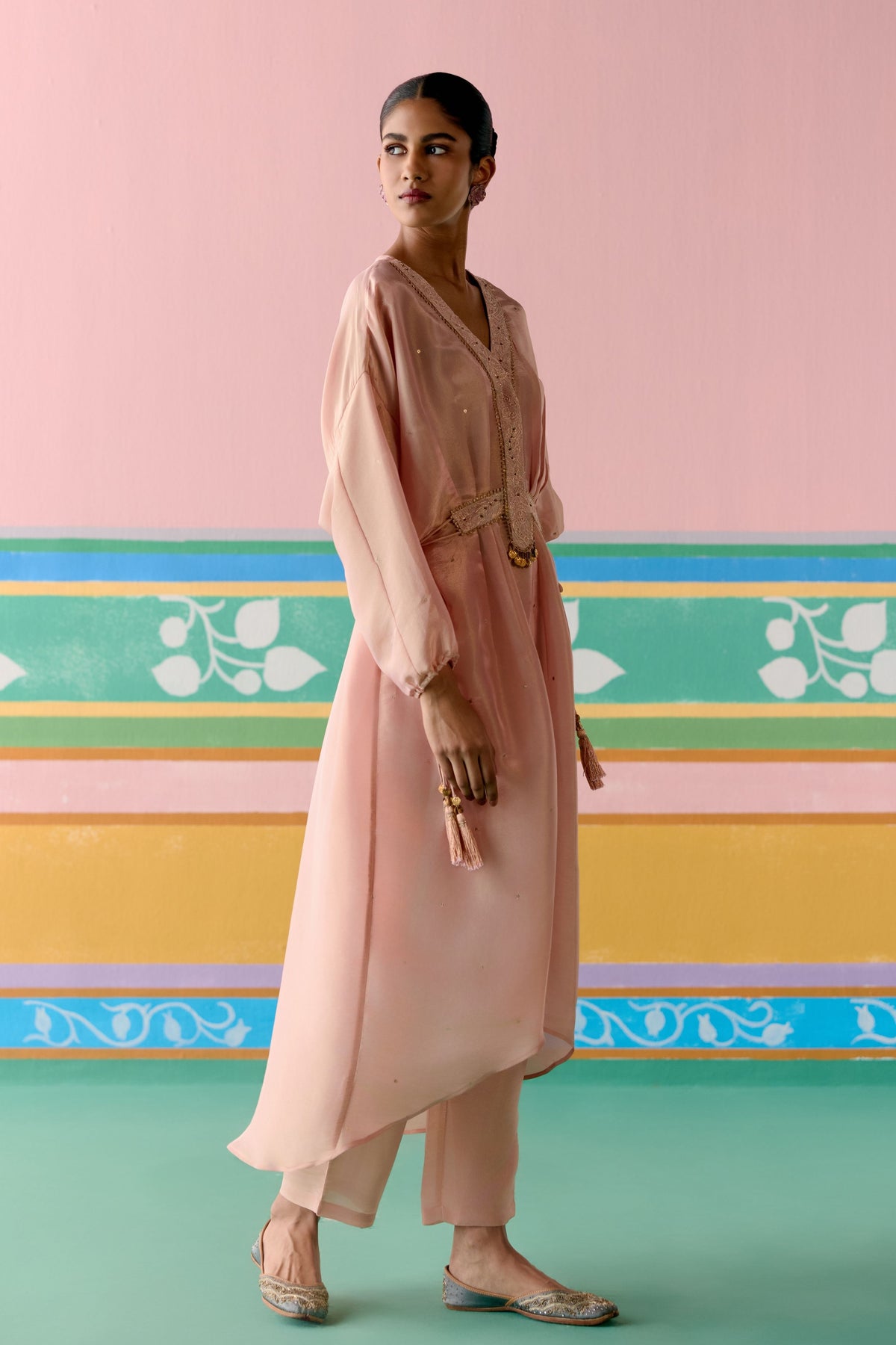 Peach Embroidered Long Kaftan Set
