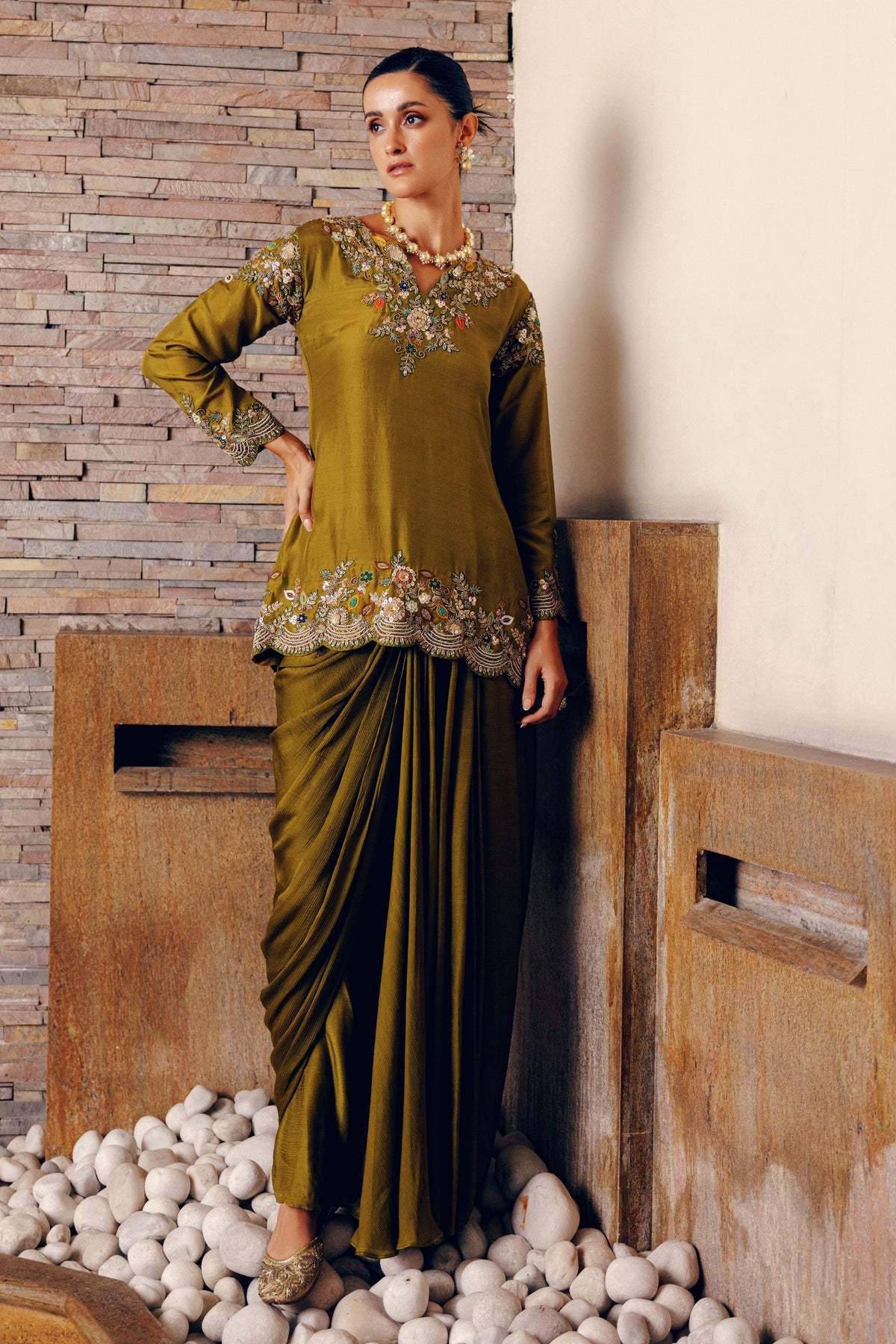 Olive Drape Skirt Set
