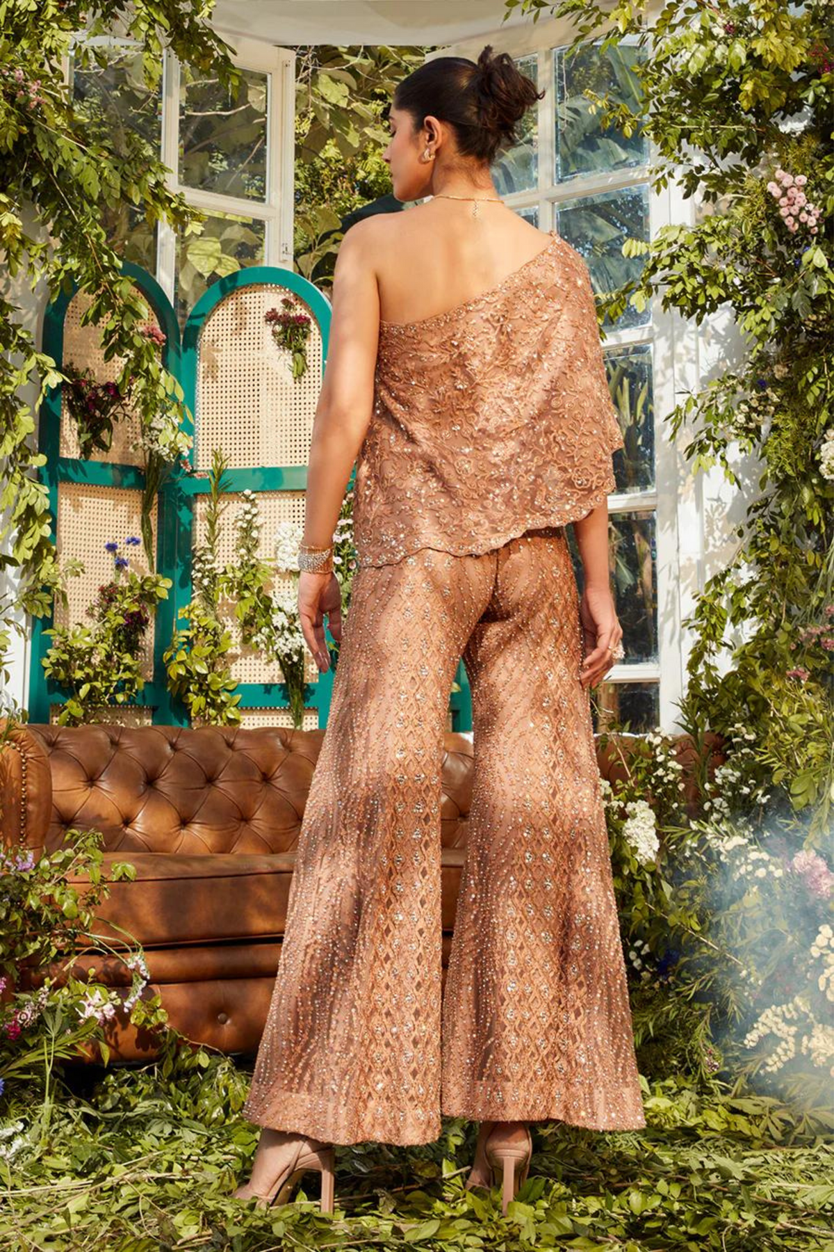 Brown off shoulder cape set