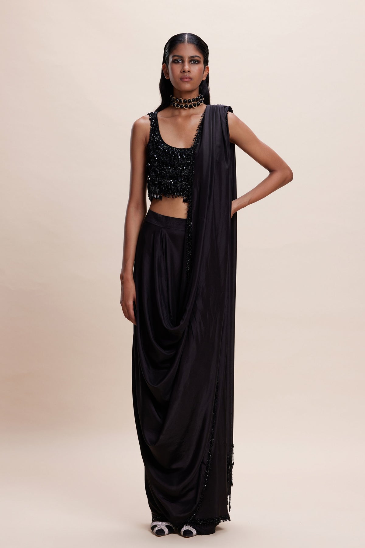Black Embellished Draped Saree Set