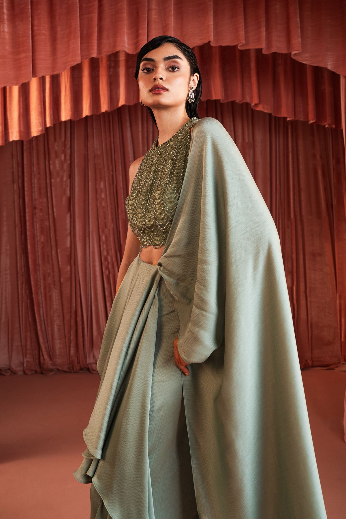 Sage Green Draped Saree Set