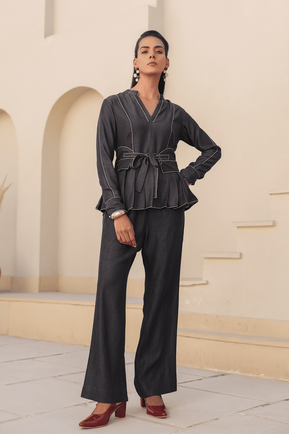 Azure Pleated Peplum Co-ord Set in Black