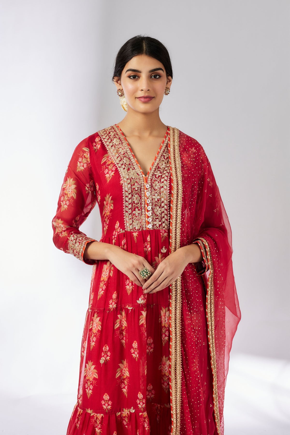 Red Joshna Tiered Kurta Set