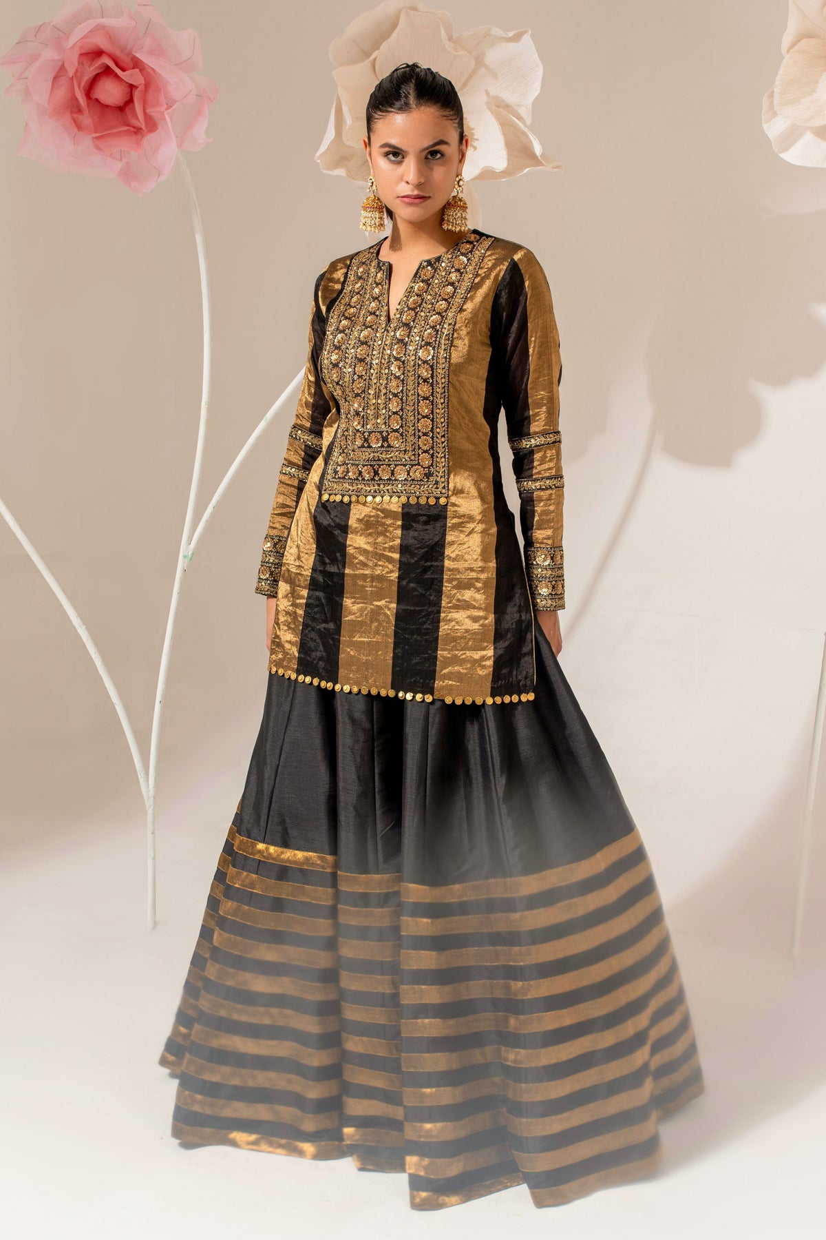 Black Embroidered Kurta Lehenga Set