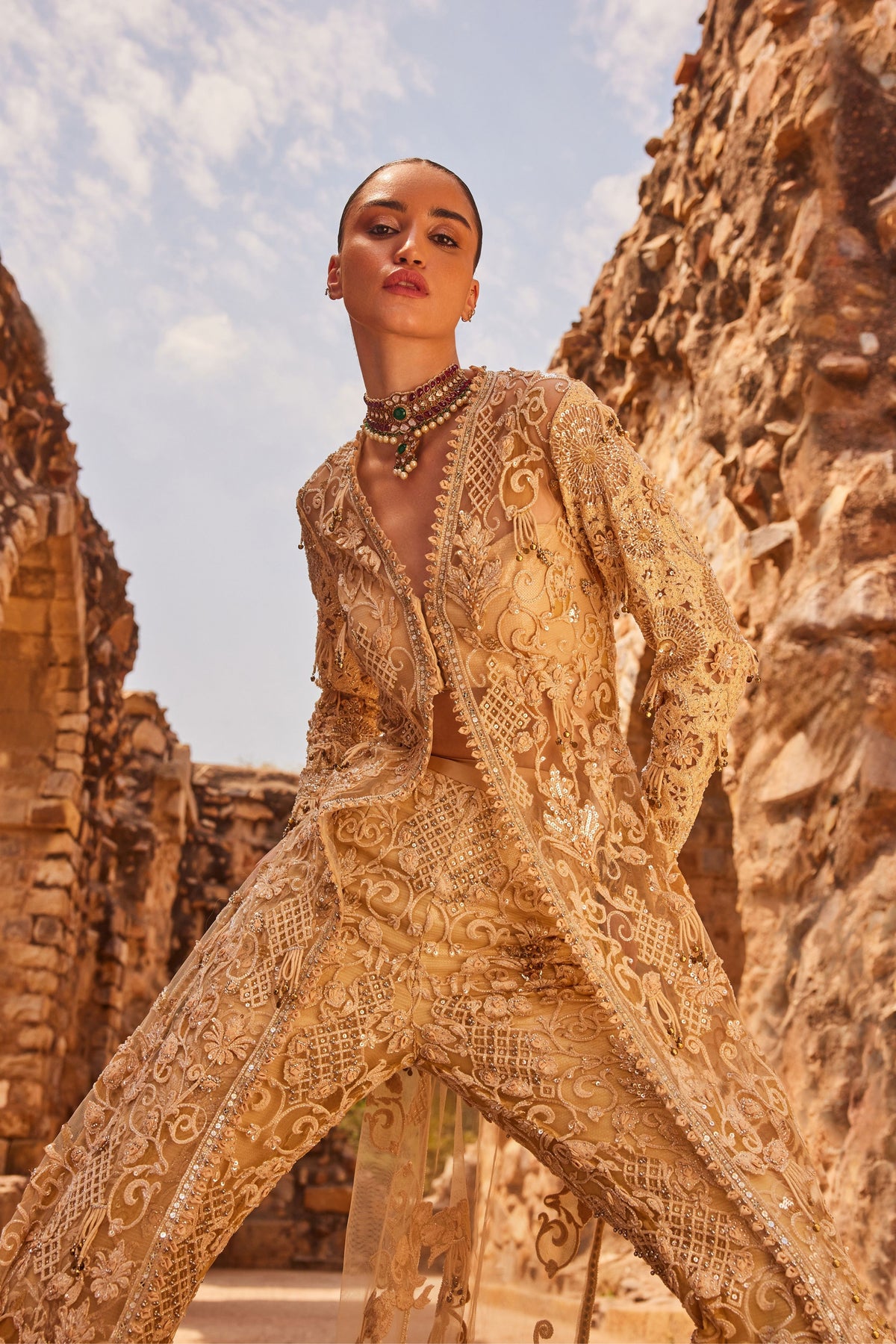 Champagne Embellished Long Jacket Set