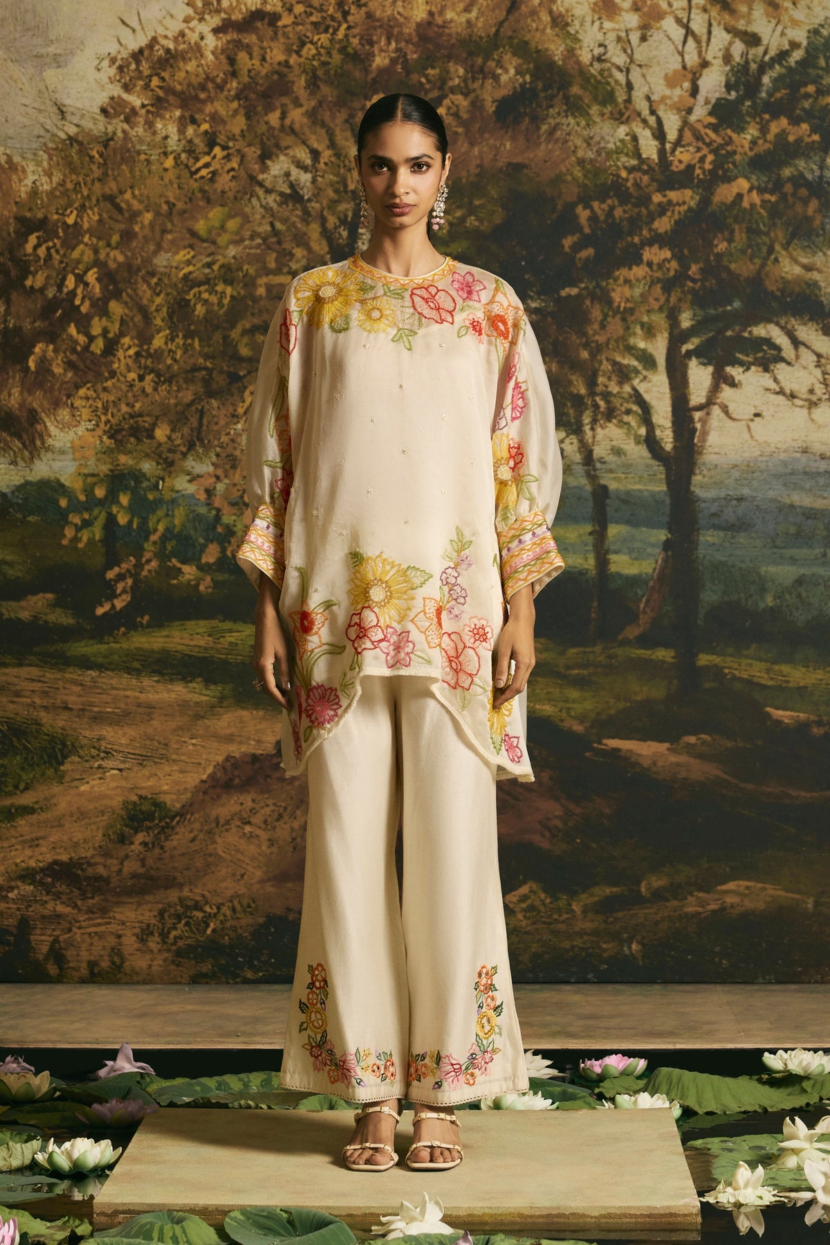 Ivory Floral Silk Tunic Set