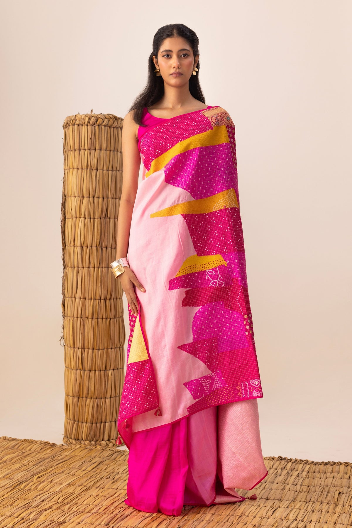 Rani Multi Bandhani Patchwork Saree set