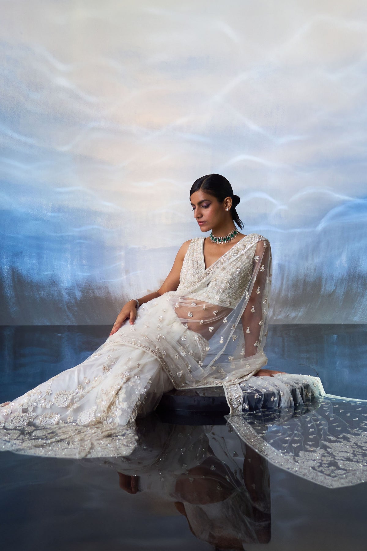 Ivory Embroidered Saree Set