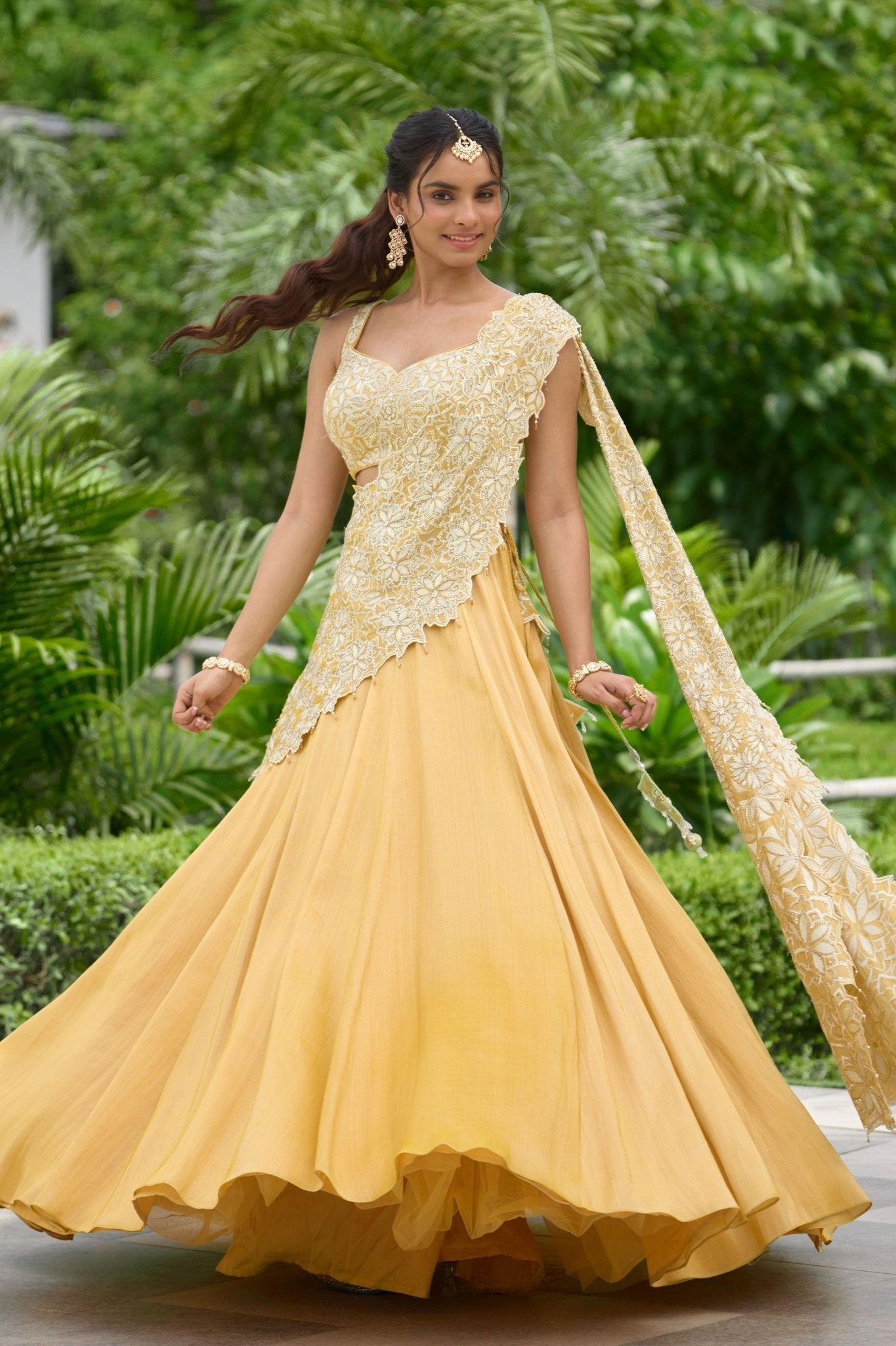 Marigold Muse Draped Lehenga Set - Shasha Gaba - Elahe