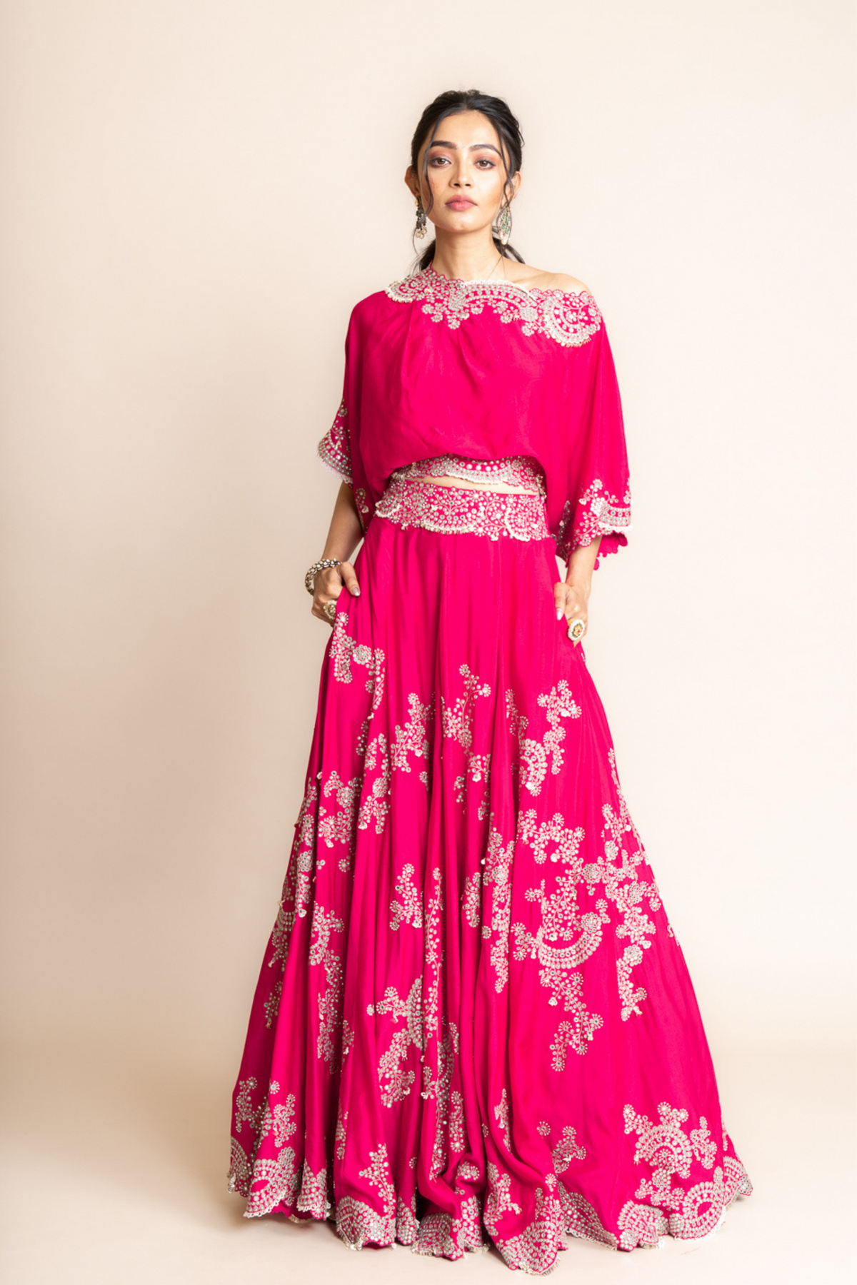 Off-shoulder Top &amp; Lehenga Setin Fuchsia