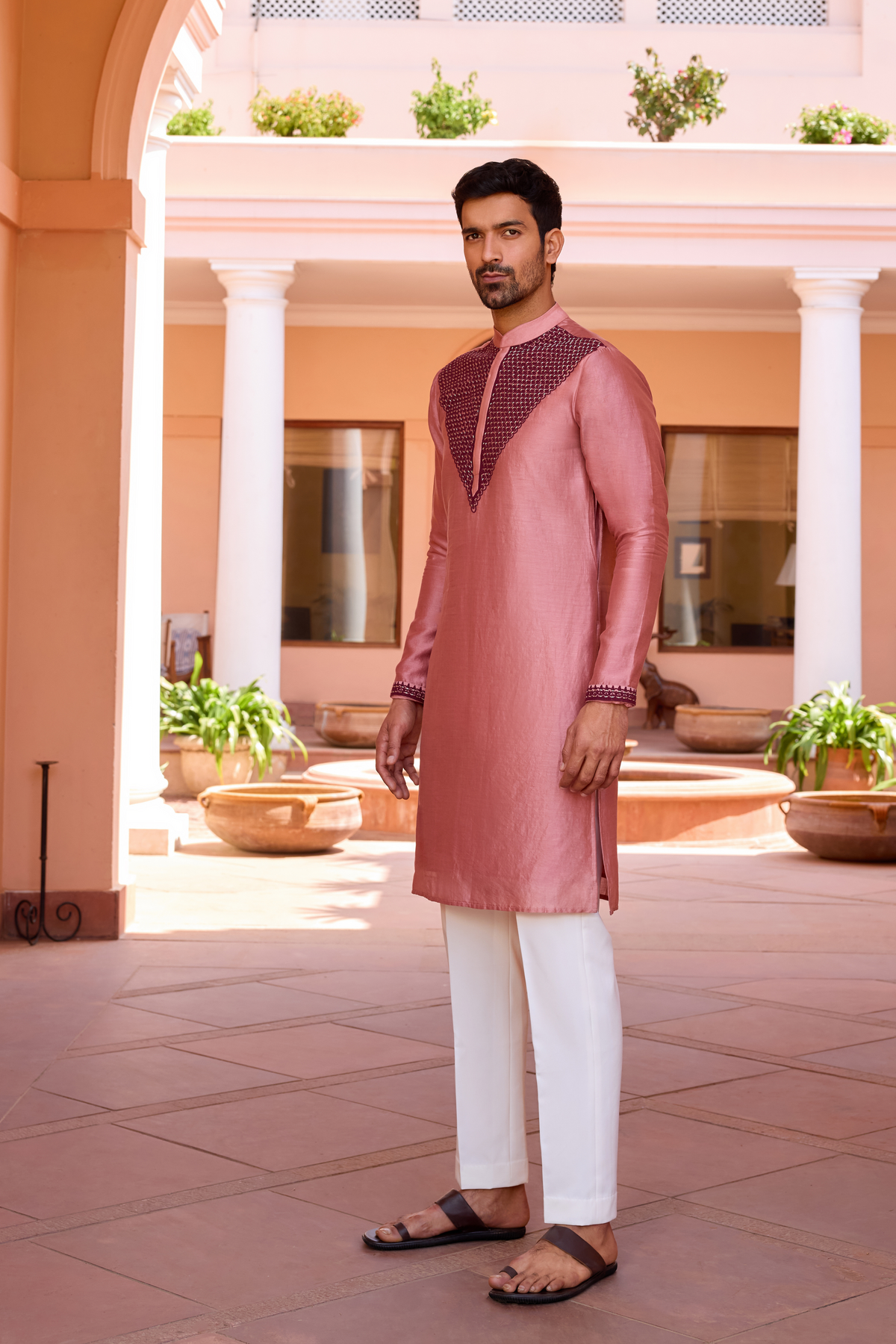 Cameo  pink  dori and hand embroidered kurta