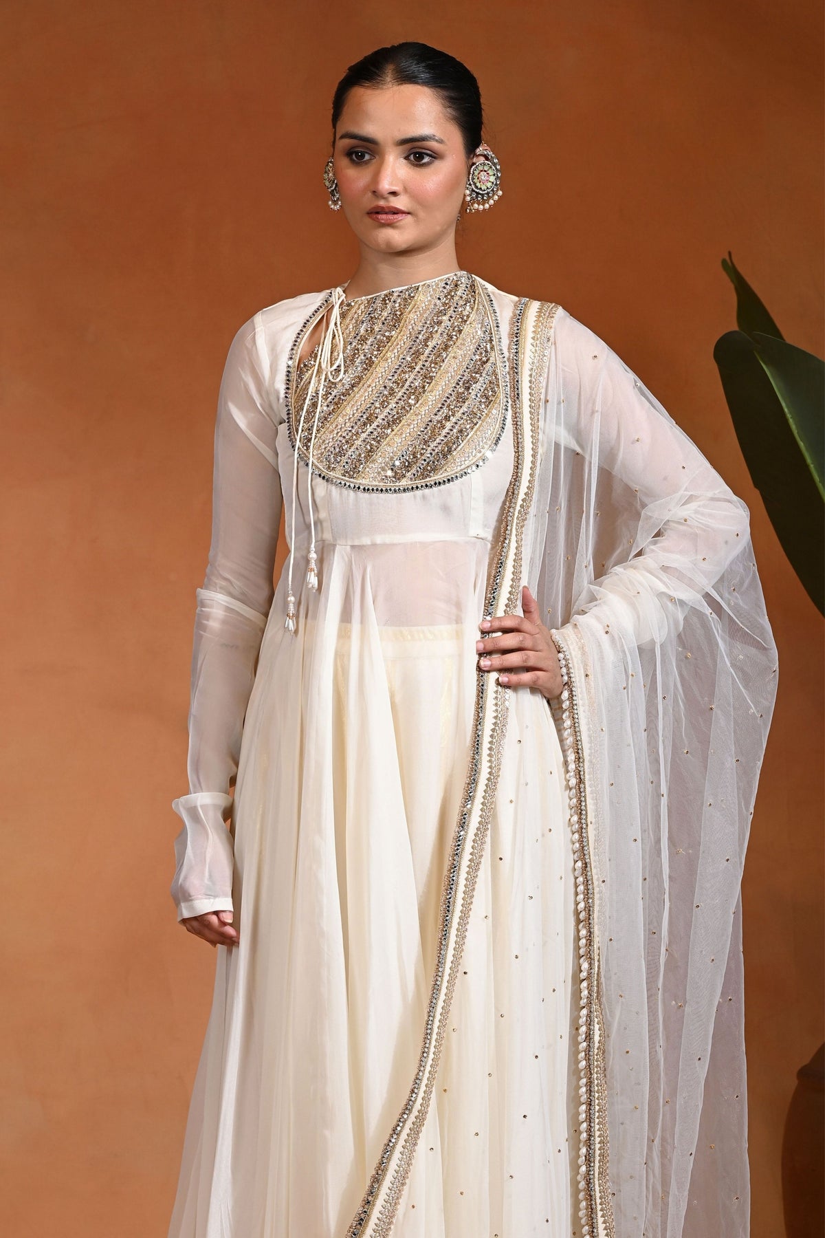 Aabroo Anarkali Ivory Gold Set