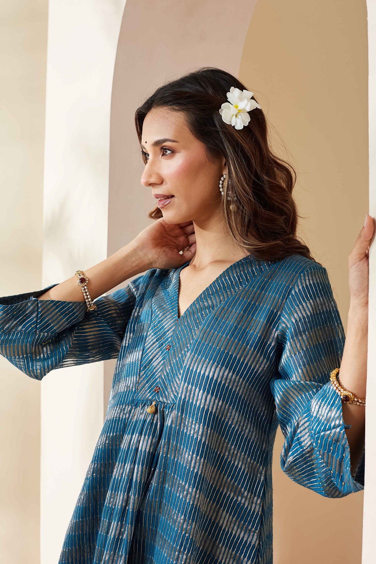 Blue Zari Stripe Kurta Set