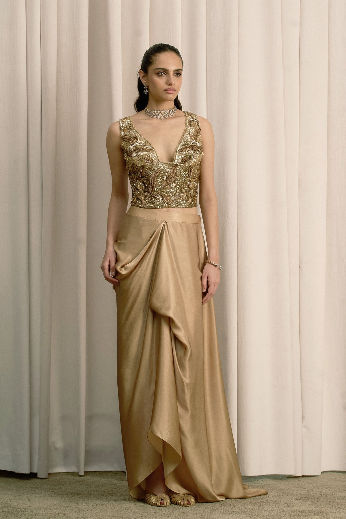 Beige Embroidered Pick-Up Skirt Set
