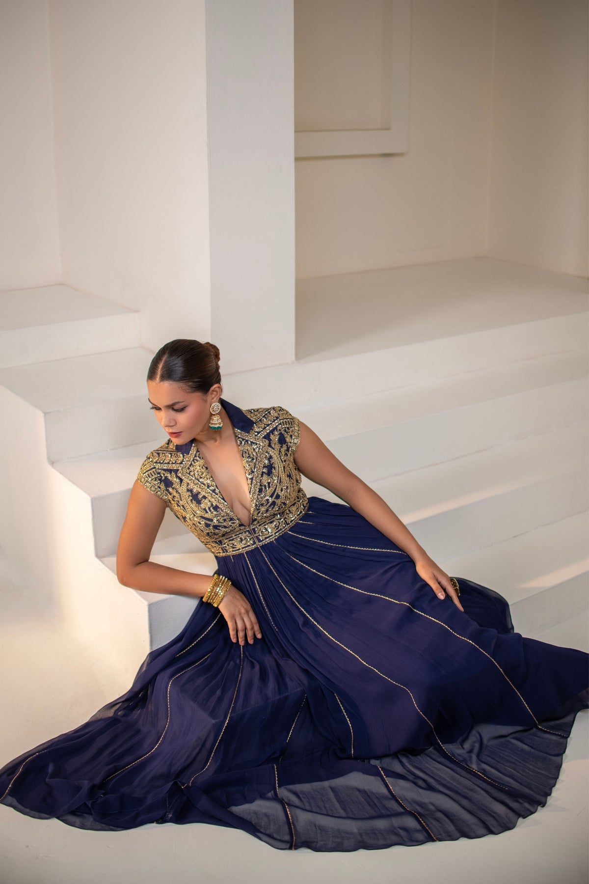 Navy Blue Lapel-Collared Anarkali