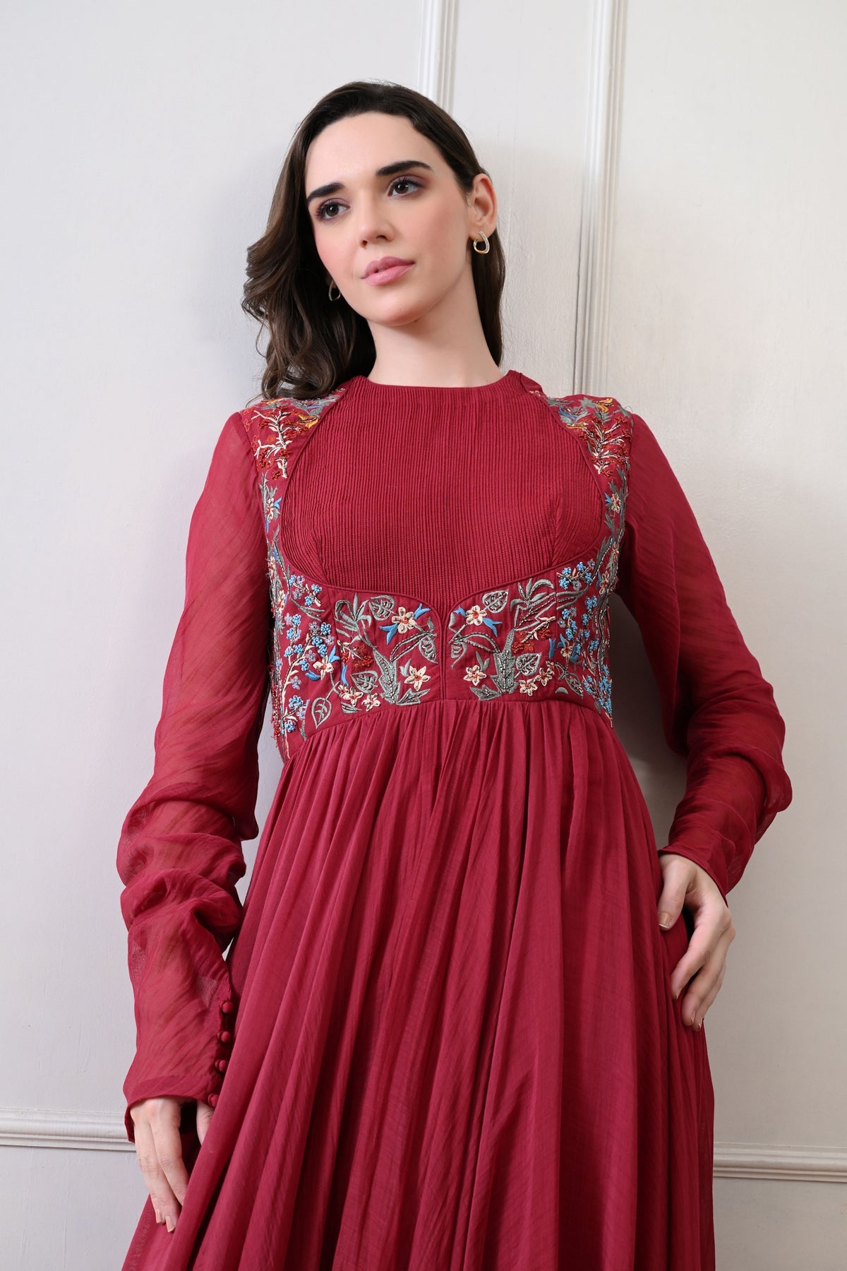 Maroon Pintuck Bodice Embroidered Anarkali