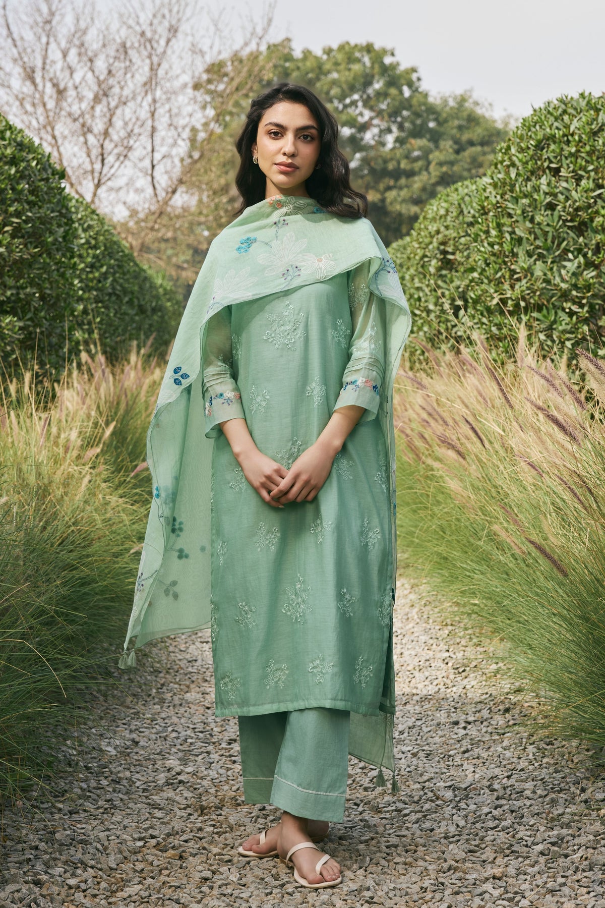 Mint Floral Embroidered Kurta Set