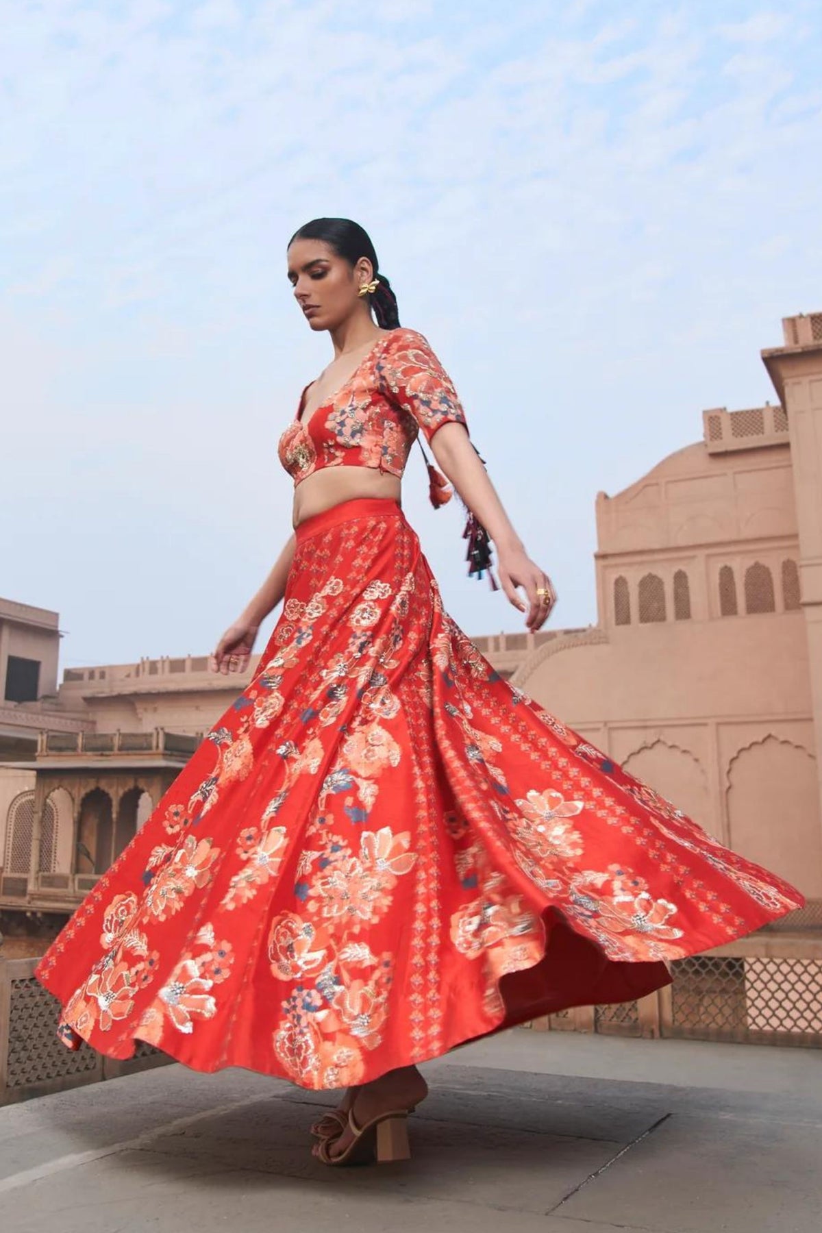 Red Moroccan Kali Wala Lehenga Set