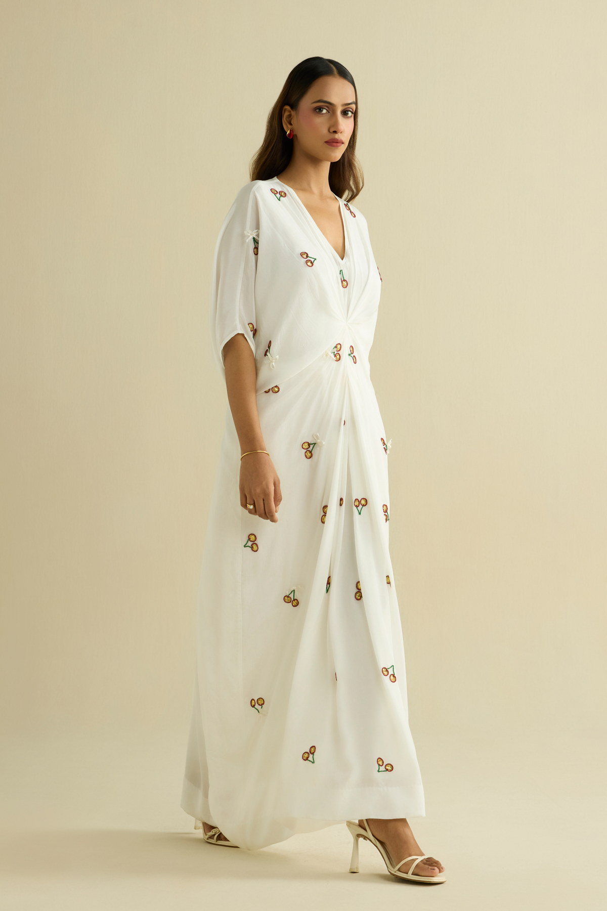White Pleated Embroidered Kaftan