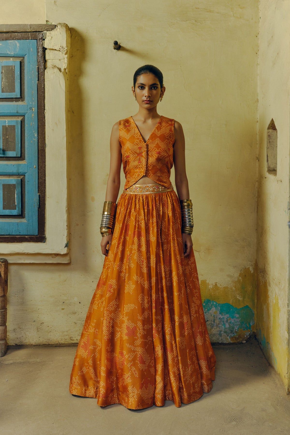 Ochre Print Lehenga Set