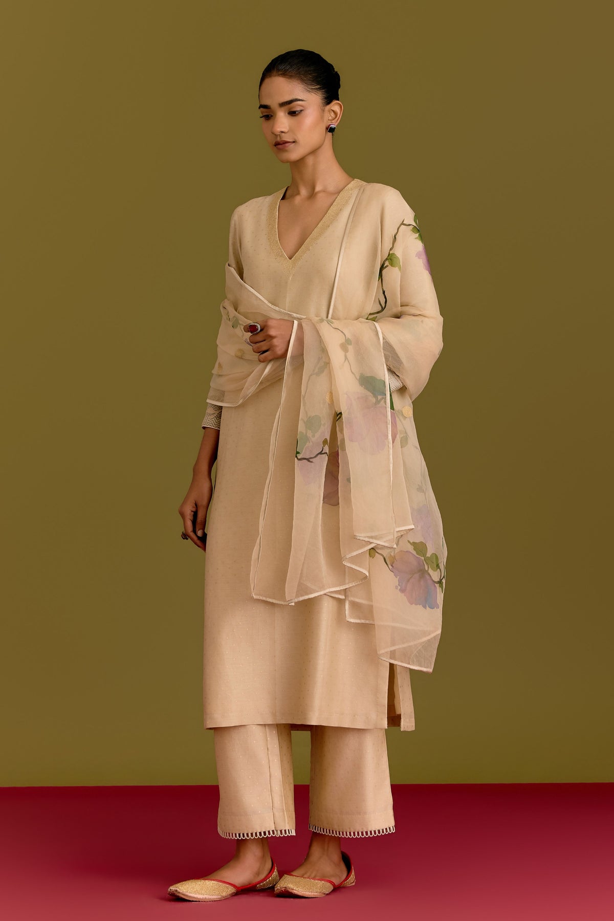 Beige Hand Painted Kurta Set